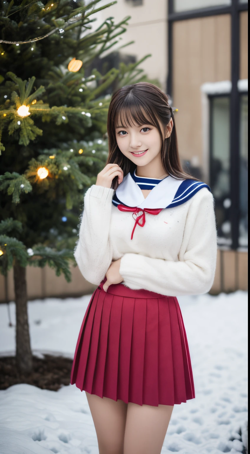 1girl in, (**** student),Japan gravure models, (cute like an idol:1.2), a beauty girl, discreet breasts, Clean facial skin, shyly smile, Unclear, (japanese high school uniform with sailor collar:1.0), (fluffy pink wool sweater、Red checked pleated skirt:1.2),full body Esbian、 (beautiful snowy christmas tree、illuminations、𝓡𝓸𝓶𝓪𝓷𝓽𝓲𝓬:1.6), (Dynamic Angle, Dynamic Pose:1.0), BREAK masterpiece, Best Quality, hight resolution, Detailed skin, Detailed, Detailed face and eyes, Hi-Res, Natural lighting, Perfect Anatomy, Physically-based rendering, Photorealistic, symmetric clear eyes, Well-groomed face,Teenage girl, Perfect figure, Transparency,  hposing Gravure Idol,