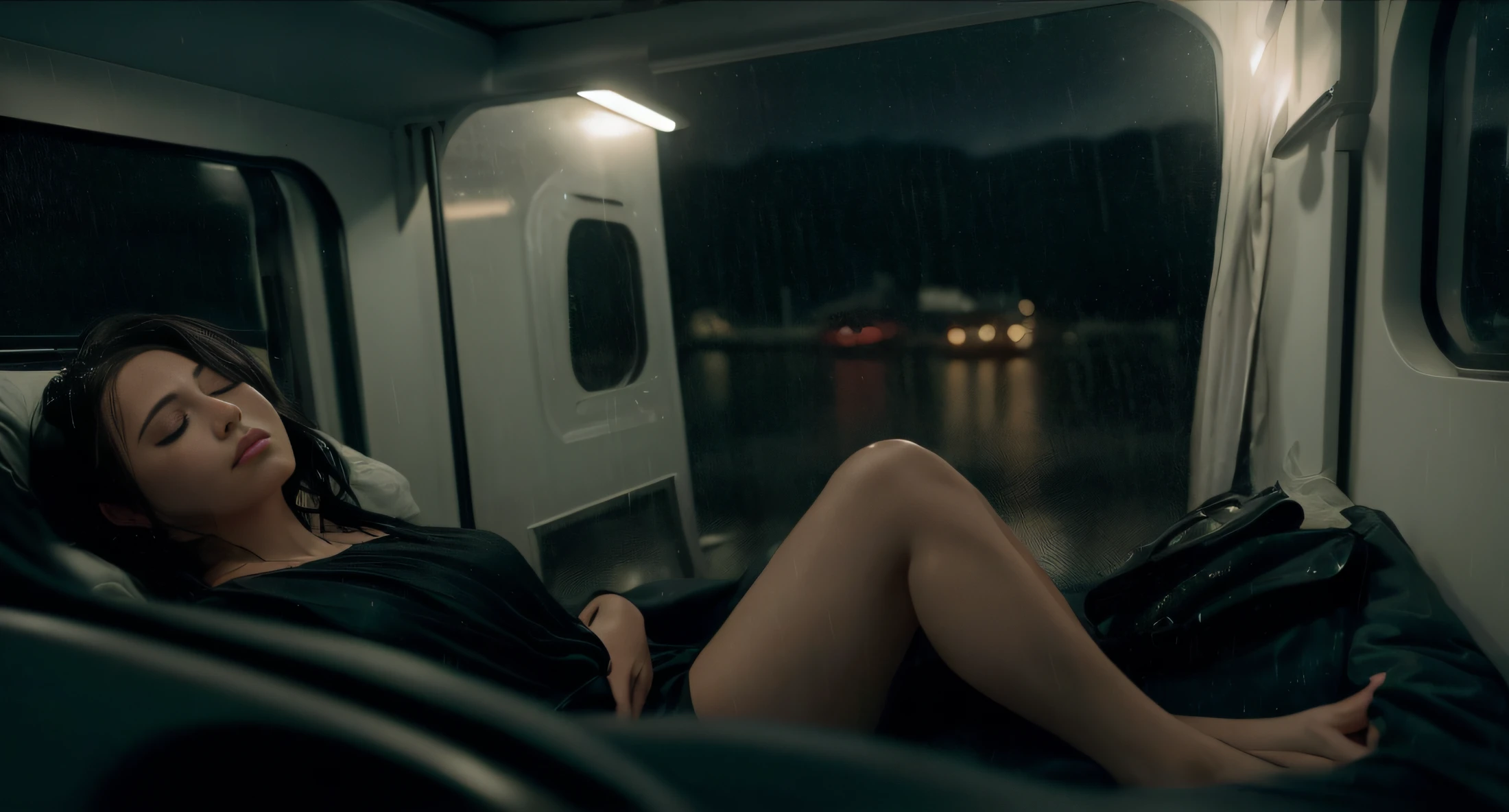 woman lying on a bus with her eyes closed, Still from an 8k movie, Cinematic moody lighting, Still from the movie 8 K, Still from an 8k movie, moody cinematic lighting, filmstill, Stunning dark cinematography, Detailed cinematic footage, Late night rain, It's raining outside, Cinematic Full Frame, 8 k sensual lighting, detailed cinematic shot, Cinematic medium shot, Cinematic shot