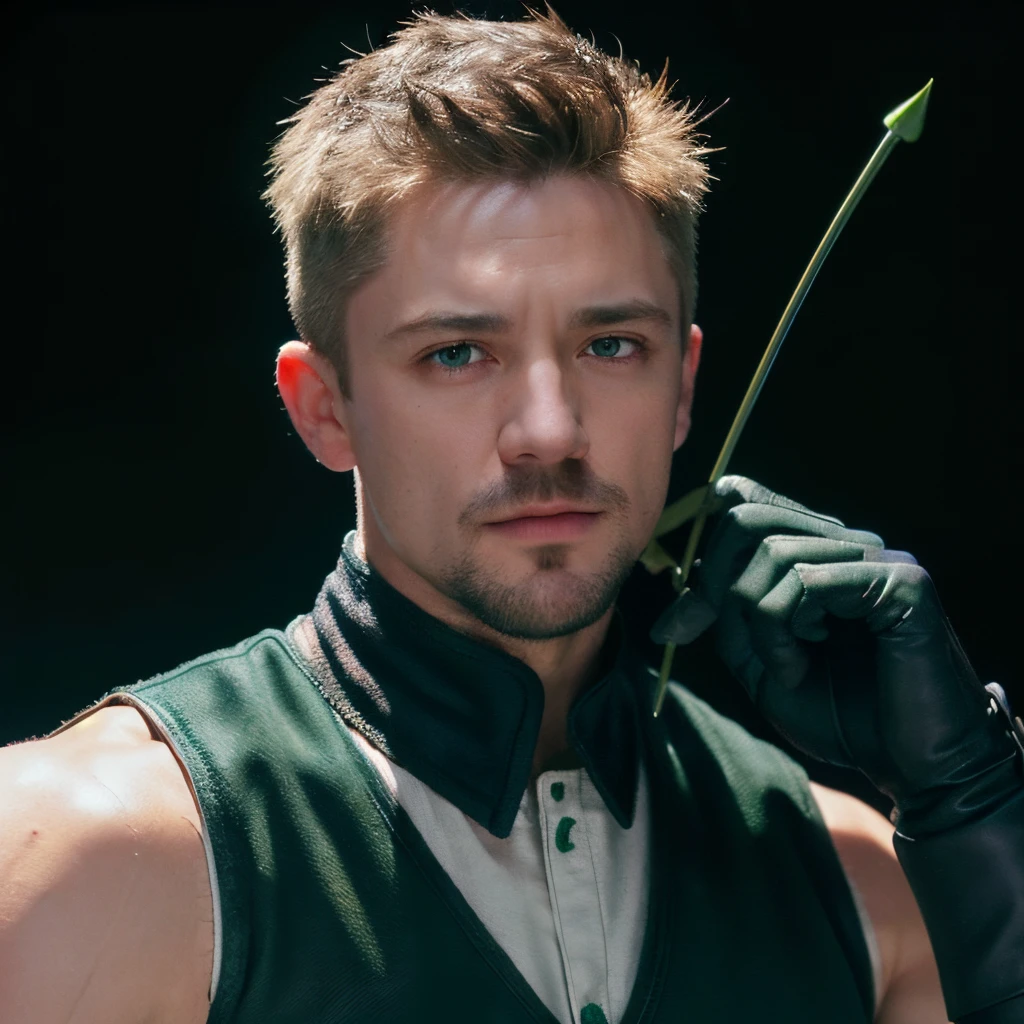 ((masterpiece)), 8k cg, best quality, intricate details, chromatic aberration, close up, ((bust shot)), ((looking at the viewer)), realism, 1man, (((background(((dark background)), fog)), Caucasian, adult face, Masculine face, small facial hair, frown, closed mouth, (((green eyes))), shaved hair, (sleeveless vest, elbow pads, gloves,quiver), Hawkeye, muscular body,