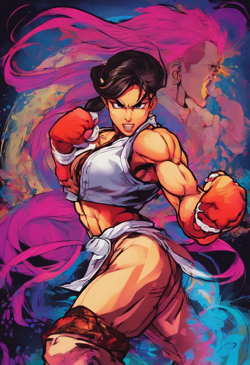 (Black light art:1.4),Q version Chunli,high saturated,hight contrast,Vibrant colors,mysterious hallucination,ultra - detailed,ultraclear,hyper-detailing,tmasterpiece