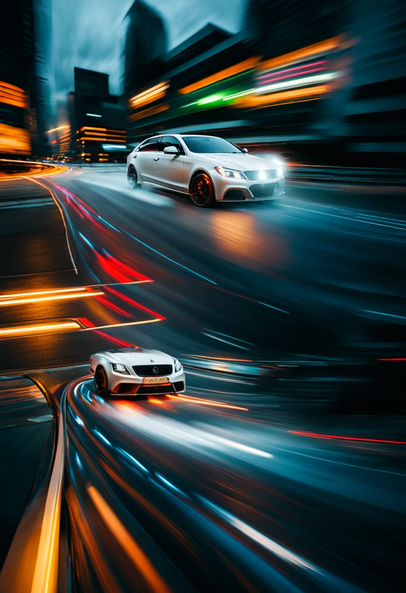 Imagine a high-performance sports car, sleek and aerodynamic, racing through a rain-drenched cityscape at night. Picture the raindrops creating a mesmerizing dance on the polished surface of the car, with city lights reflecting off the wet pavement. Envision the dynamic interplay between speed and the cascading rain, capturing the essence of motion and power. Highlight the contrast between the glistening, futuristic curves of the car and the urban environment blurred by the rain. Create a dramatic and exhilarating composition that evokes the thrill of a high-speed drive through the neon-lit streets in a storm