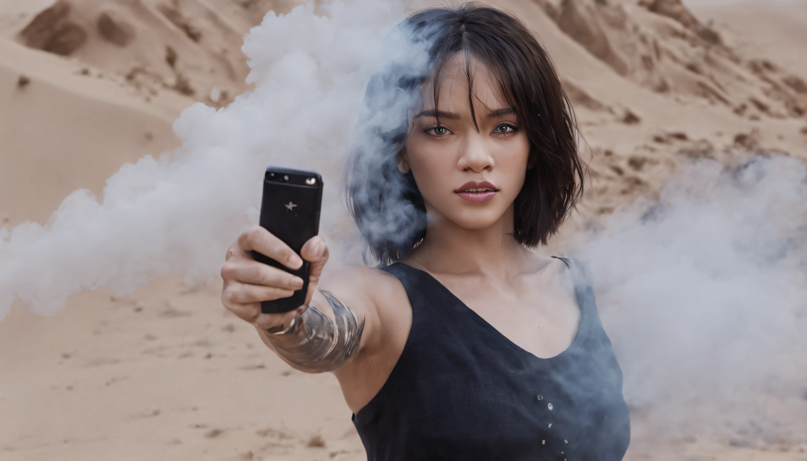 (((Rhianna fighting Soldier))), selfie with his cell phone, (explosion,fire:1.2), (smoke:1.4), (((((desert))))), (masterpiece: 1.5) (photorealistic: 1.1) (bokeh) (best quality) (detailed skin texture pores hair: 1.1) (intricate) (8k) (HDR) (wallpaper) (cinematic lighting) (sharp focus ),  (fight scene:1.4), Fight Posing (Trained on "Matrix" Movies), (highest detail fight realistic), (photorealistic:1.4),(RAW photo:1.2), (masterpiece:1.4),(best quality:1.4), Ultra-detailed,(Realistic,Photorealistic,photo-realistic:1.37), (Best quality,4K,8K,A high resolution,Masterpiece:1.2),Ultra-detailed,(Realistic,Photorealistic,photo-realistic:1.37) ((cinematic light)), colorful, hyper detail, dramatic light, intricate details, (best lighting, an extremely delicate and beautiful), (highest detail fight realistic), (((World War)))