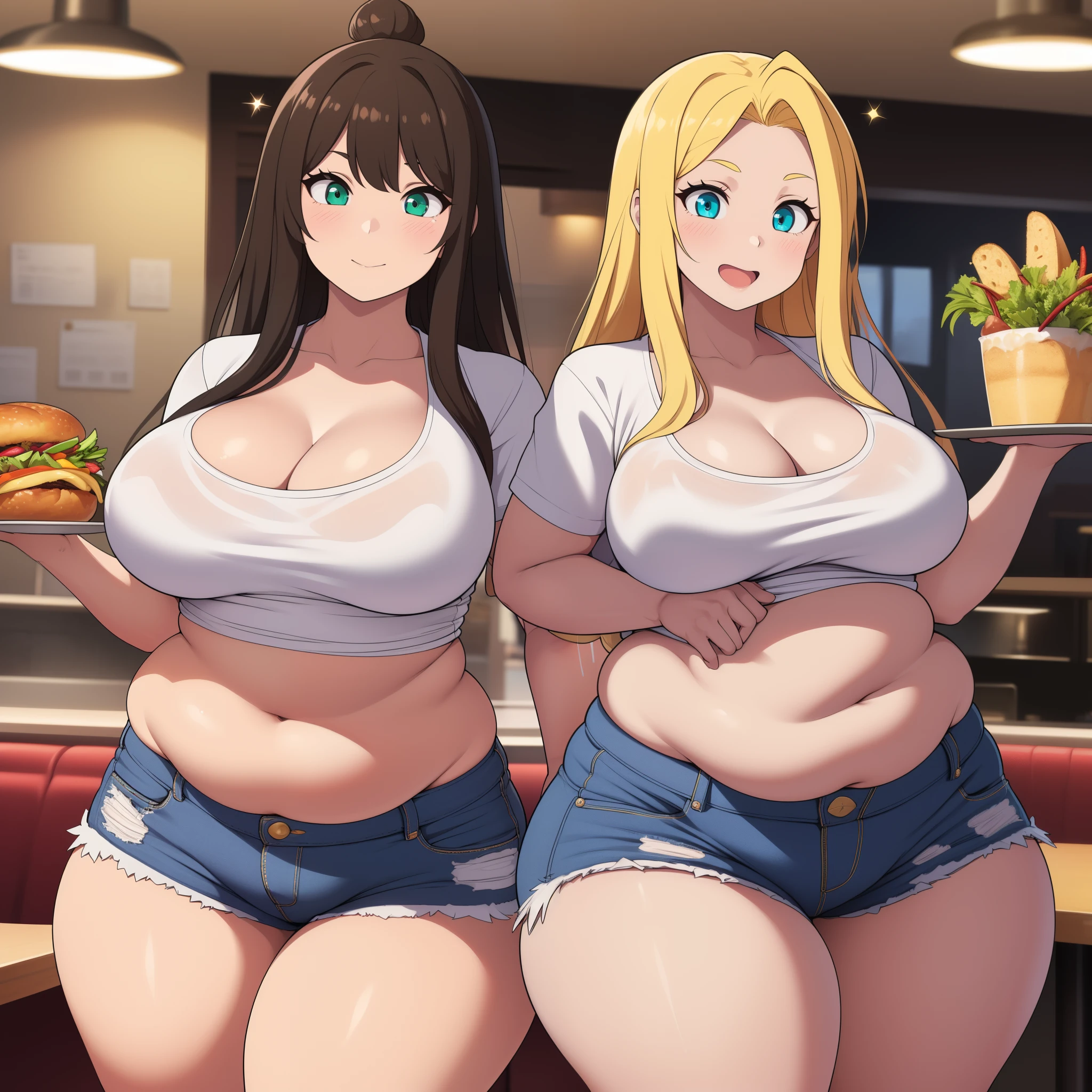 ((highres)), Masterpiece, high quality, best quality, beautiful, perfect lighting, detailed face, ultra cute face, ((2girls)), one girl has blonde hair, blue eyes, crop top and shorts skindentation, one girl has brown hair, green eyes, jeans, white shirt, thighs clothes, full body, fast food restaurant, medium breasts, perky breasts, cleavage, ((wide hips)), ((thick thighs)), ass, ((chubby)), pudgy belly, fat folds, standing, (belly grab)