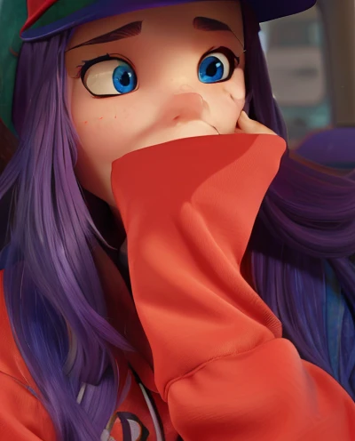 Long purple hair, blue eyes, flat bill hat, red hoodie, purple blue and red hair, hand covering face, looking at camera, 20 years old, taking selfie while sitting in car