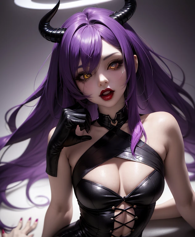 full body image of young woman, height 115 centimeters,  features, chest size 0, provocative posture, purple hair on his head, bat wing ears on his head, black demon tail, good slim body, tight red latex suit, black latex stockings, Small ears, thing legs, Red eyes, strong gothic black outline, 5 fingers on 2 hands, black lipstick on lips, bat wings on the back, gold jewelry in hands, very sexy woman,