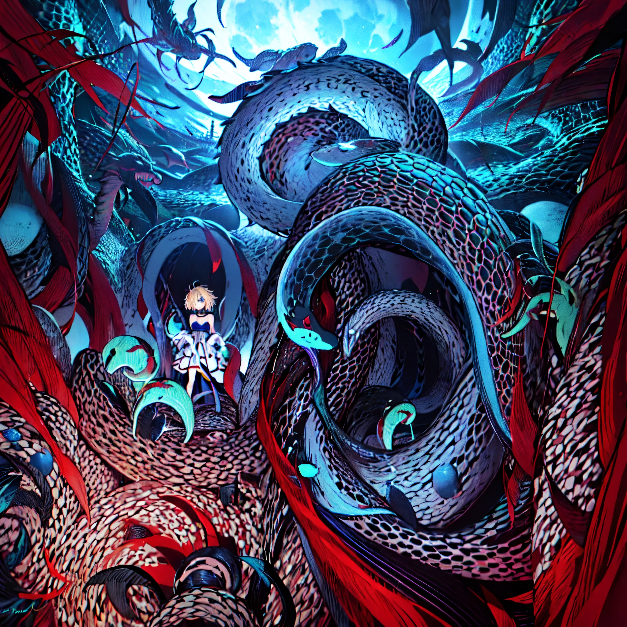 Takashi Takeuchi style, ((1girl:1.4)), (solo:1.4), (wantun-tentacles,tentacles,tentacle sex:1), big tentacle, giant tentacle, (his trunk is a huge tentacle:1.5), (big tentacle sneak around:1.5), (giant coiling snake machine:1.5), (tentacle is surrounding them:1.5), BREAK, arcueid \(tsukihime\), archetype earth \(hime\), (tightly restrained:1.6), bare shoulders, blush, breasts, cleavage, detached collar, detached sleeves, two-tone strapless sleeveless hime white dress, field, flower, flower field, full moon, gloves, large breasts, looking at viewer, moon, night, night sky, petals, sky, annoyed, solo, white gloves, (standing:1.4), fullbody, (Blue spats:1.5)