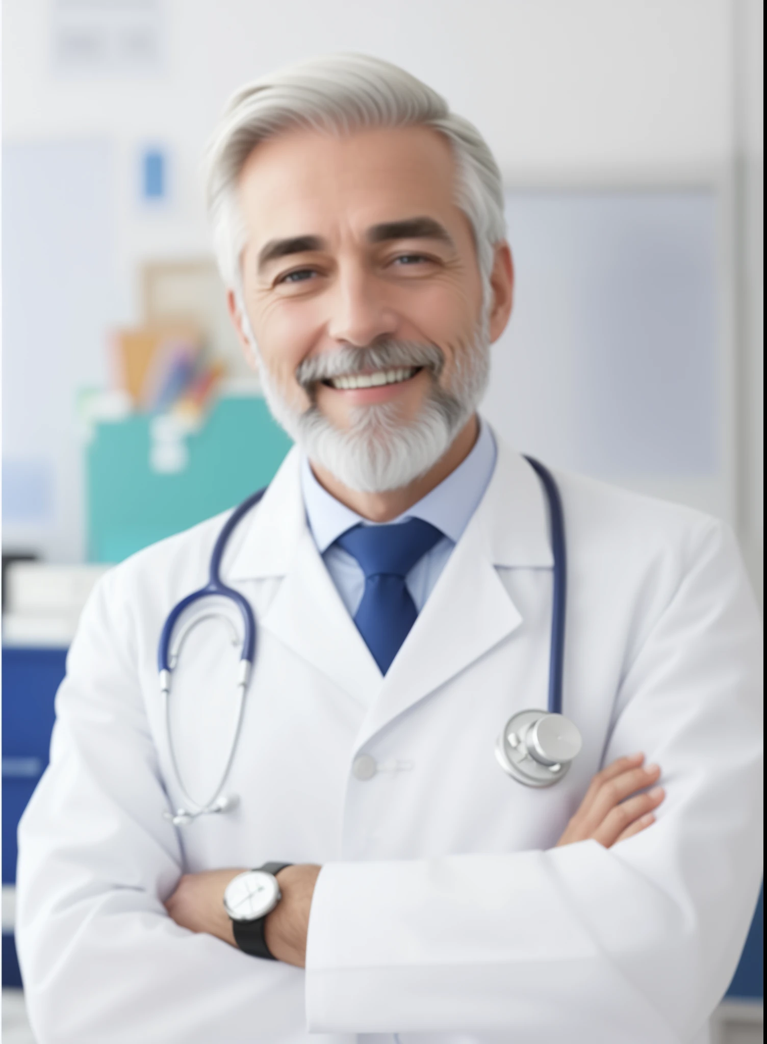 a close-up of a male doctor in a white coat and blue tie and white coat with a stethoscope around his neck, male doctor with white hair and beard, aged 55 years, smiling in his office.