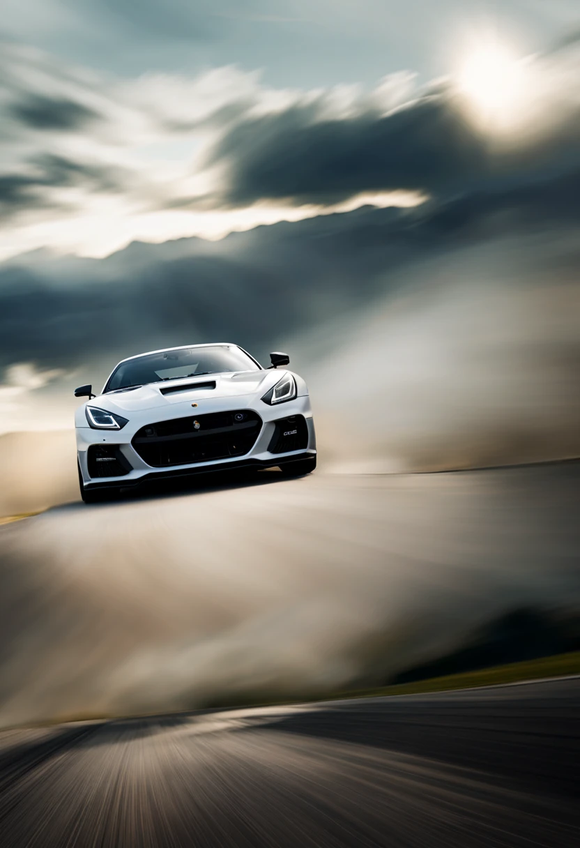 Generate an image of a high-performance sports car drifting skillfully on a wet and reflective racetrack under the moody and dramatic light of a stormy sky. Envision the car's tires throwing up sprays of water as it maneuvers through challenging turns, leaving behind a trail of dynamic motion. Capture the intensity of the moment with raindrops frozen in mid-air and the car's headlights cutting through the atmospheric mist. Infuse the scene with a sense of adrenaline and precision, highlighting the synergy between the driver, the machine, and the elements. Create a visually striking and exhilarating portrayal of the thrill of high-speed precision driving in adverse weather conditions.