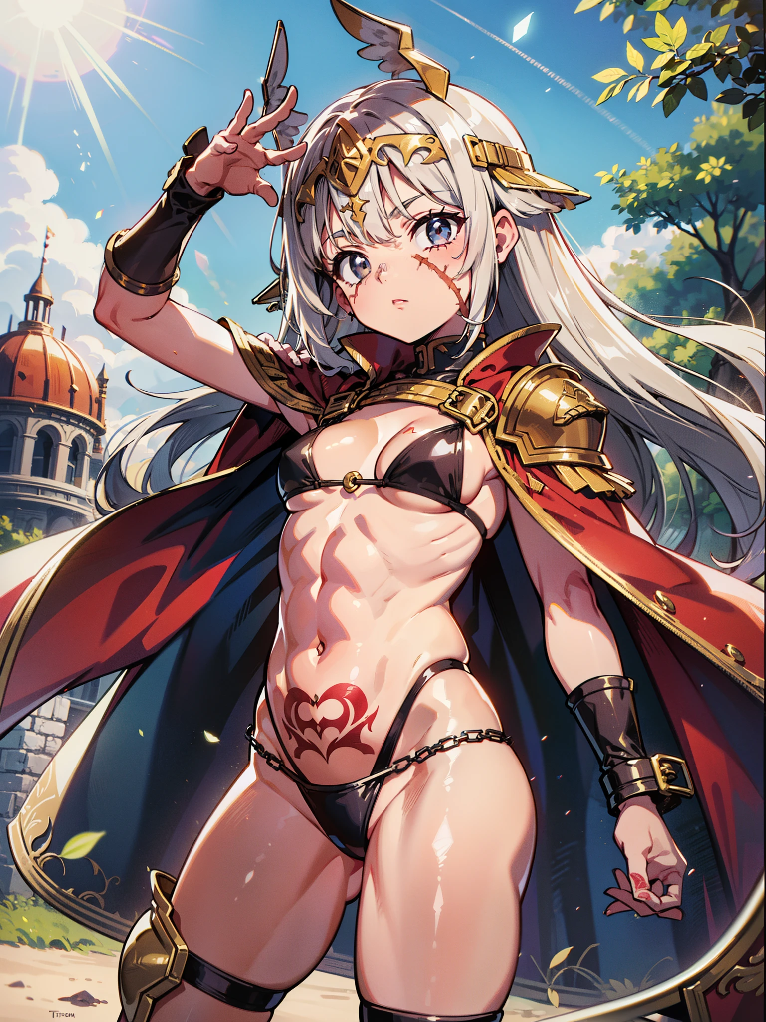 (:1.6), bikni armor, arena, gladiator, tridant, chains, angel wings, face scar, gladiator, metal mask for helmet, very long hair, blonde scars on body, cowboyshot, exposed belly, cape, half naked, outdoors gladiator arena, body tatoos, body makes, scars, scar, wrist cuffs, abs, brush strokes