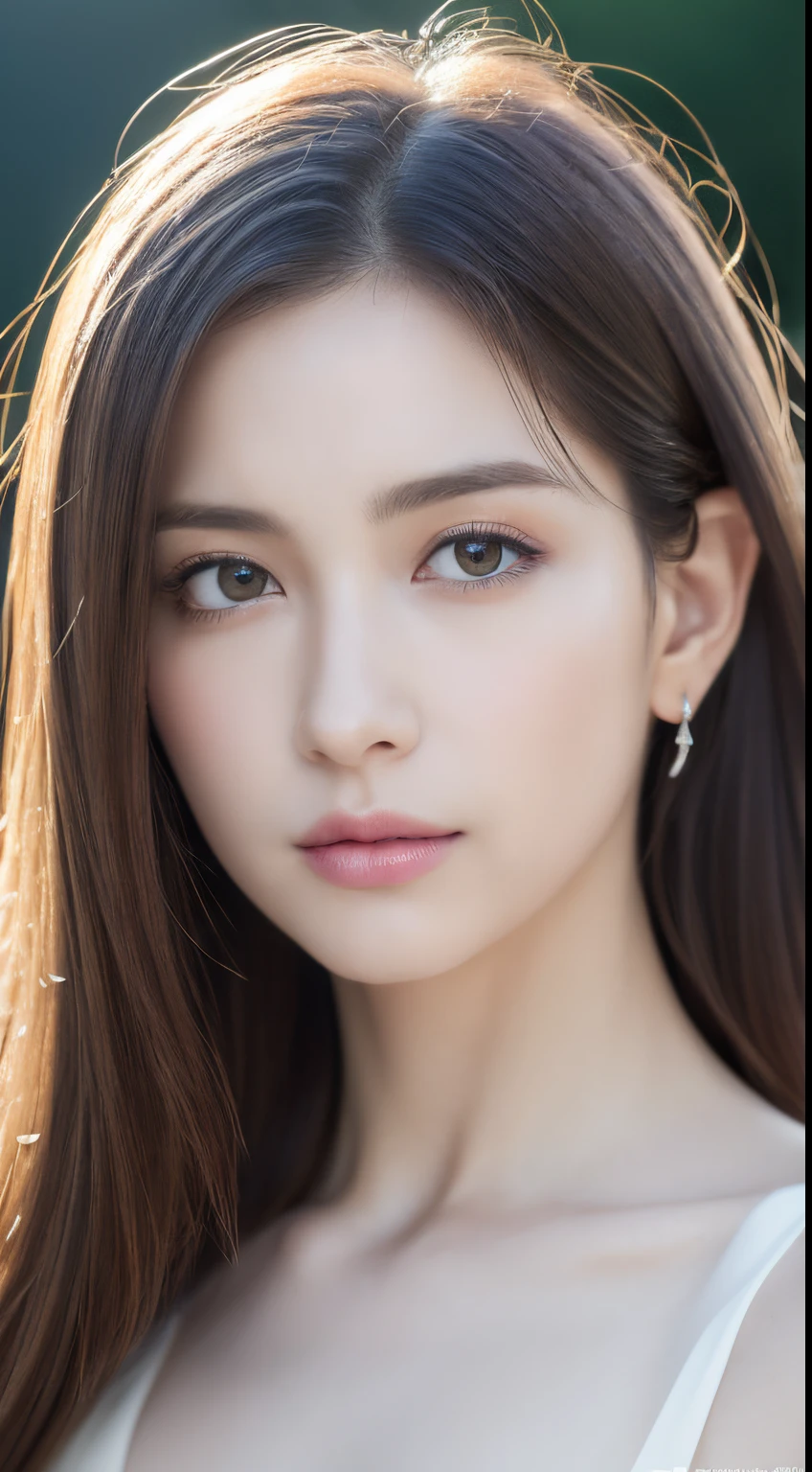 (Best Quality,4K,8K,hight resolution,masutepiece:1.2),Ultra-detailed,(Realistic,Photorealistic,Photorealsitic:1.37),sportrait,Women,Long flowing hair,off white iris,Empty gaze,Plump pink lips,There are white flowers at the ends of the hair,Graceful figure,medium shot,Black Dress.