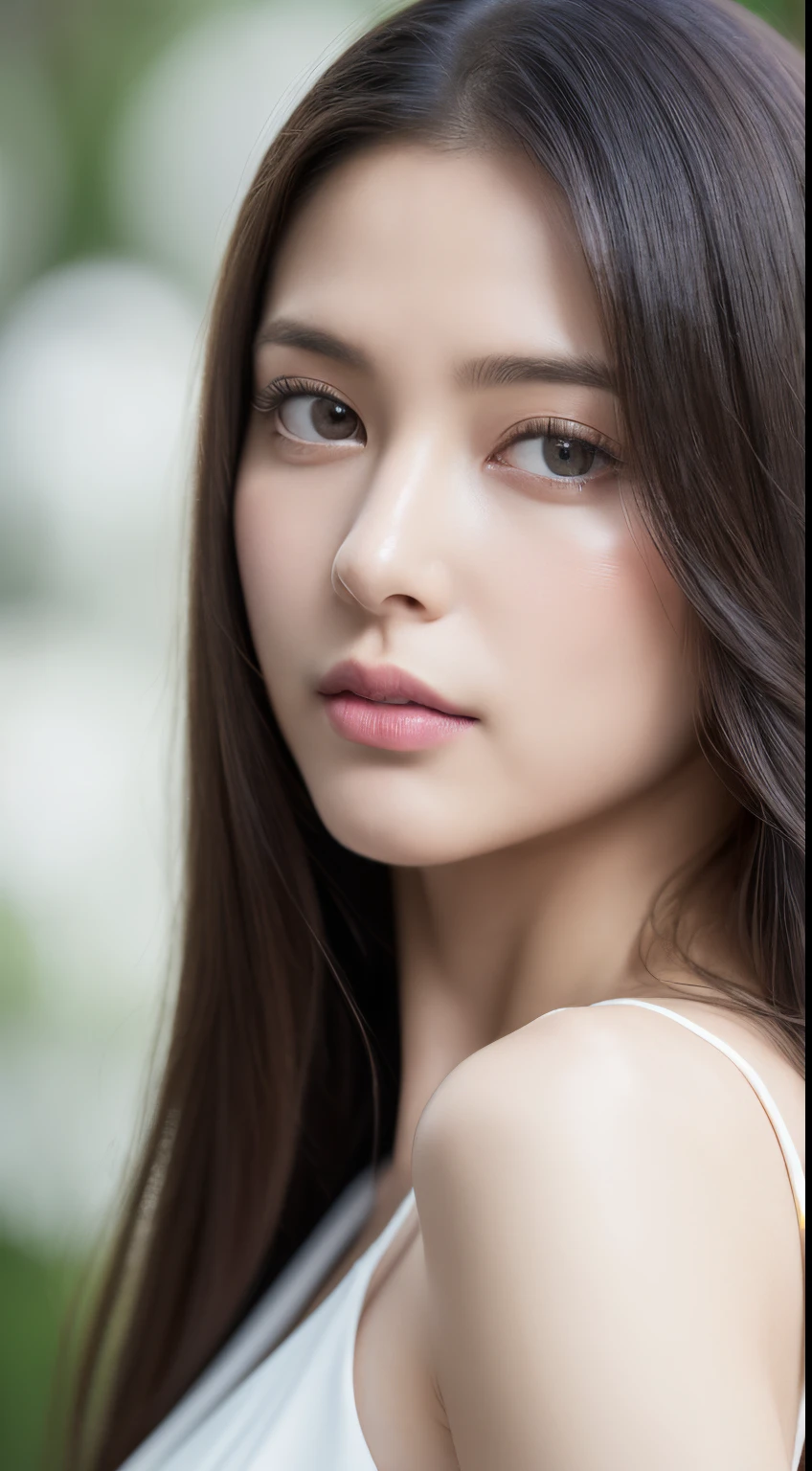 (Best Quality,4K,8K,hight resolution,masutepiece:1.2),Ultra-detailed,(Realistic,Photorealistic,Photorealsitic:1.37),sportrait,Women,Long flowing hair,off white iris,Empty gaze,Plump pink lips,There are white flowers at the ends of the hair,Graceful figure,medium shot,Black Dress.