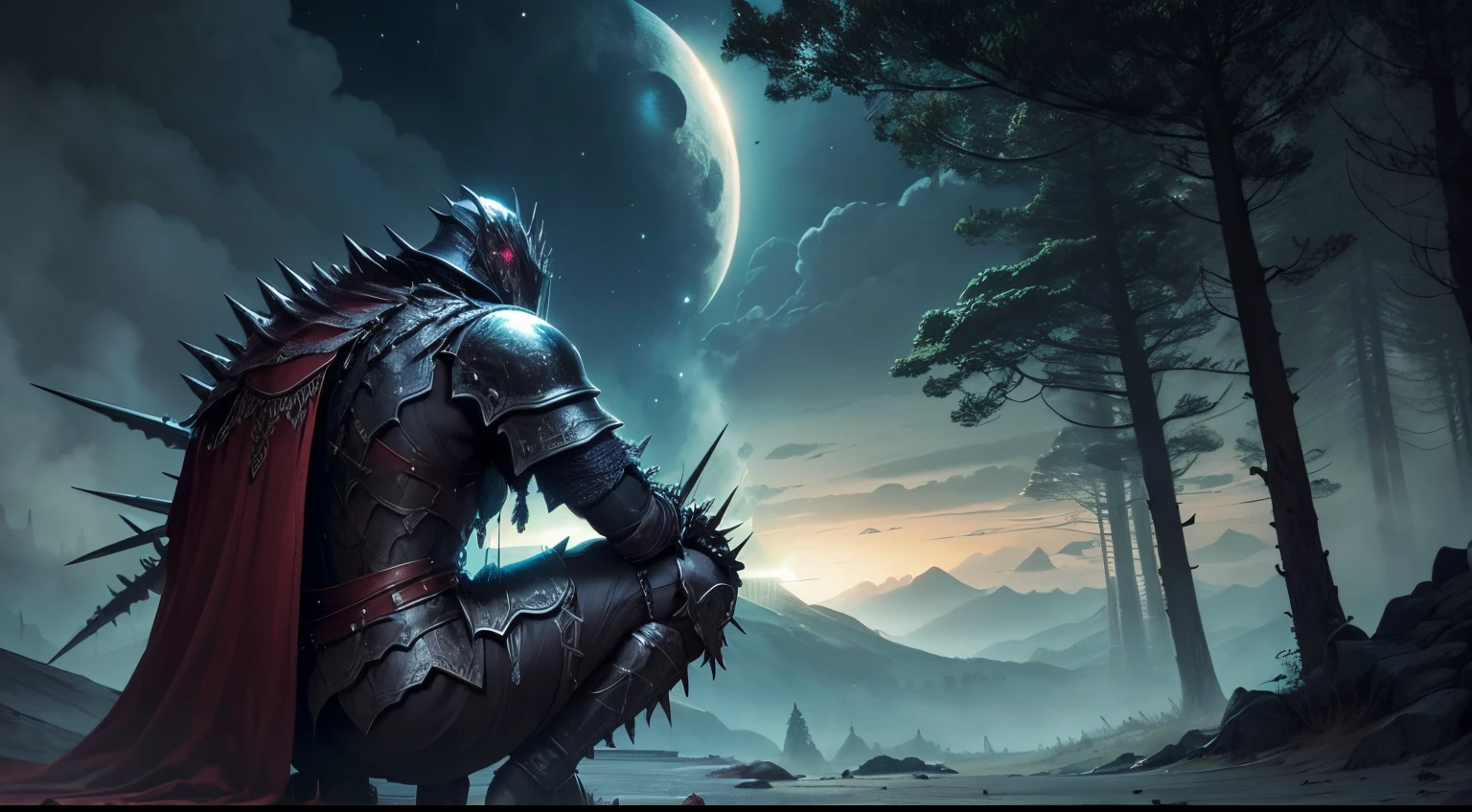 Chefe almas sombrias,  um cavaleiro parado olhando para cima, Bestas estranhas em um mundo de fantasia, sangue, Covered with thick spikes, Eclipse Sangrento