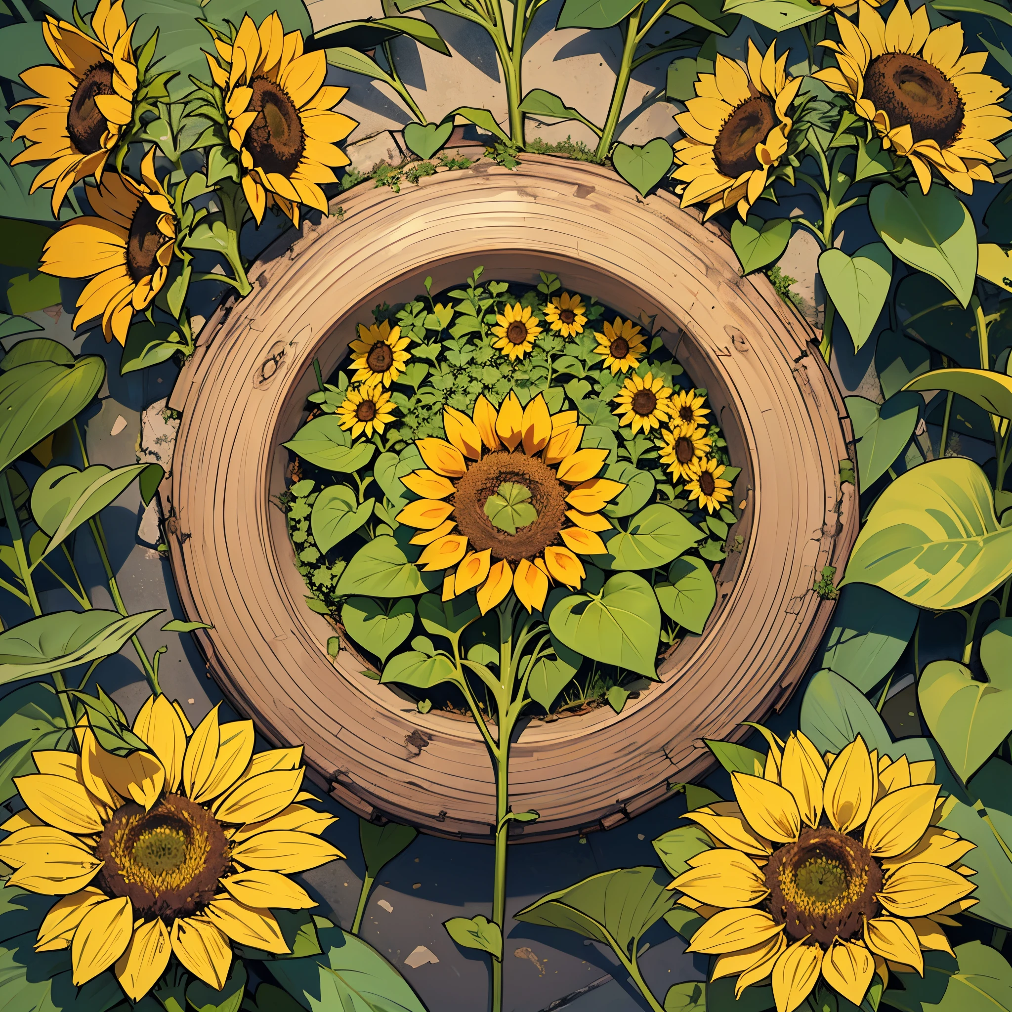 sunflower garden,Sunflowers come in shades of bright yellow, deep gold, and rich brown, textures of the flowers, leaves, and stems, artwork, fuzzy centers (florets), --auto --s2