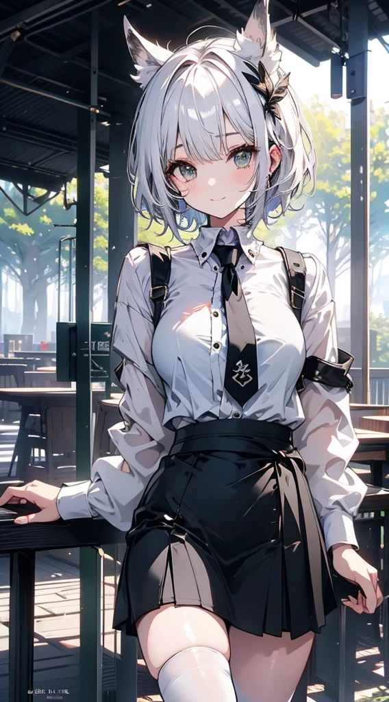 anime illustrated、Moe、white  hair、curlyhair、short-hair、Blue Mesh、Gray owl feathers from the waist、forest wood deck、a beauty girl、White jacket、Golden Eyes、thick thight、Black headband、Model body type、Cuffs、Black knee socks、Black bodysuit、Purple tie、Green Jewelry、a black skirt、Archaic Smile、超A high resolution、Close-up of people、Plump body、Colossal tits