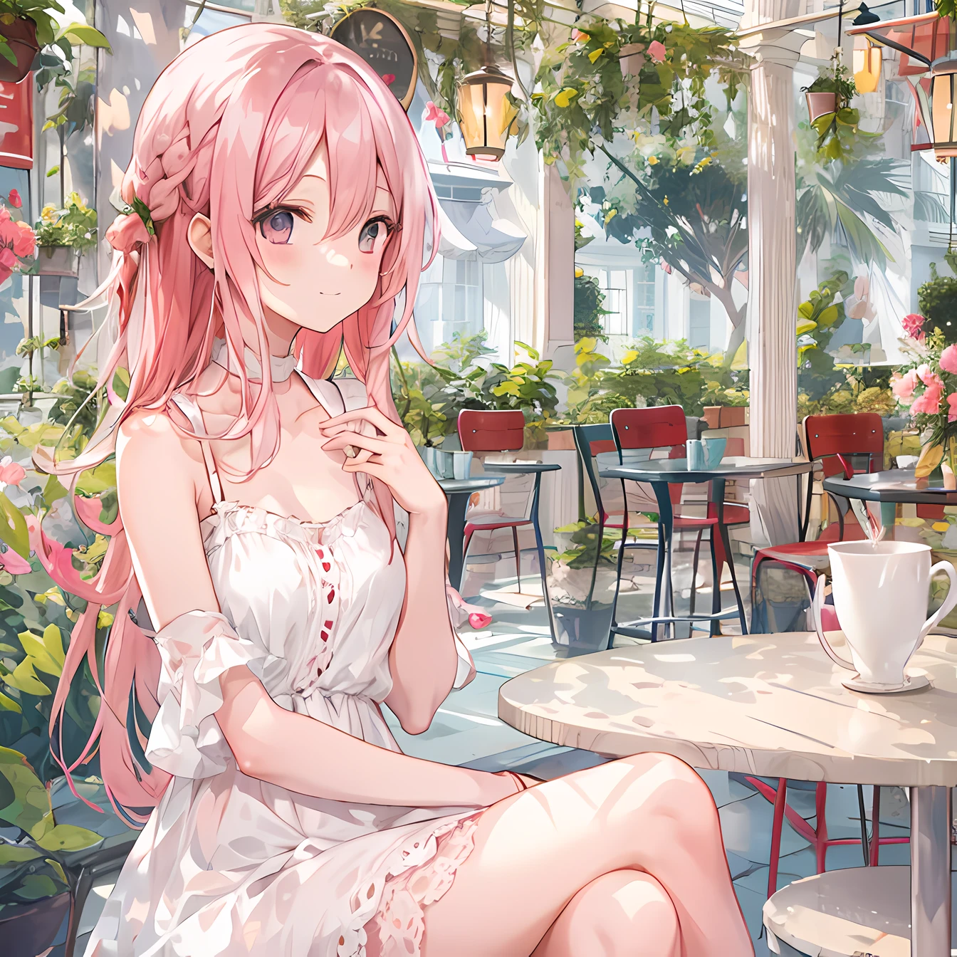 single girl, anime girl, white sundress, long bright pink hair, soft smile, cafe setting