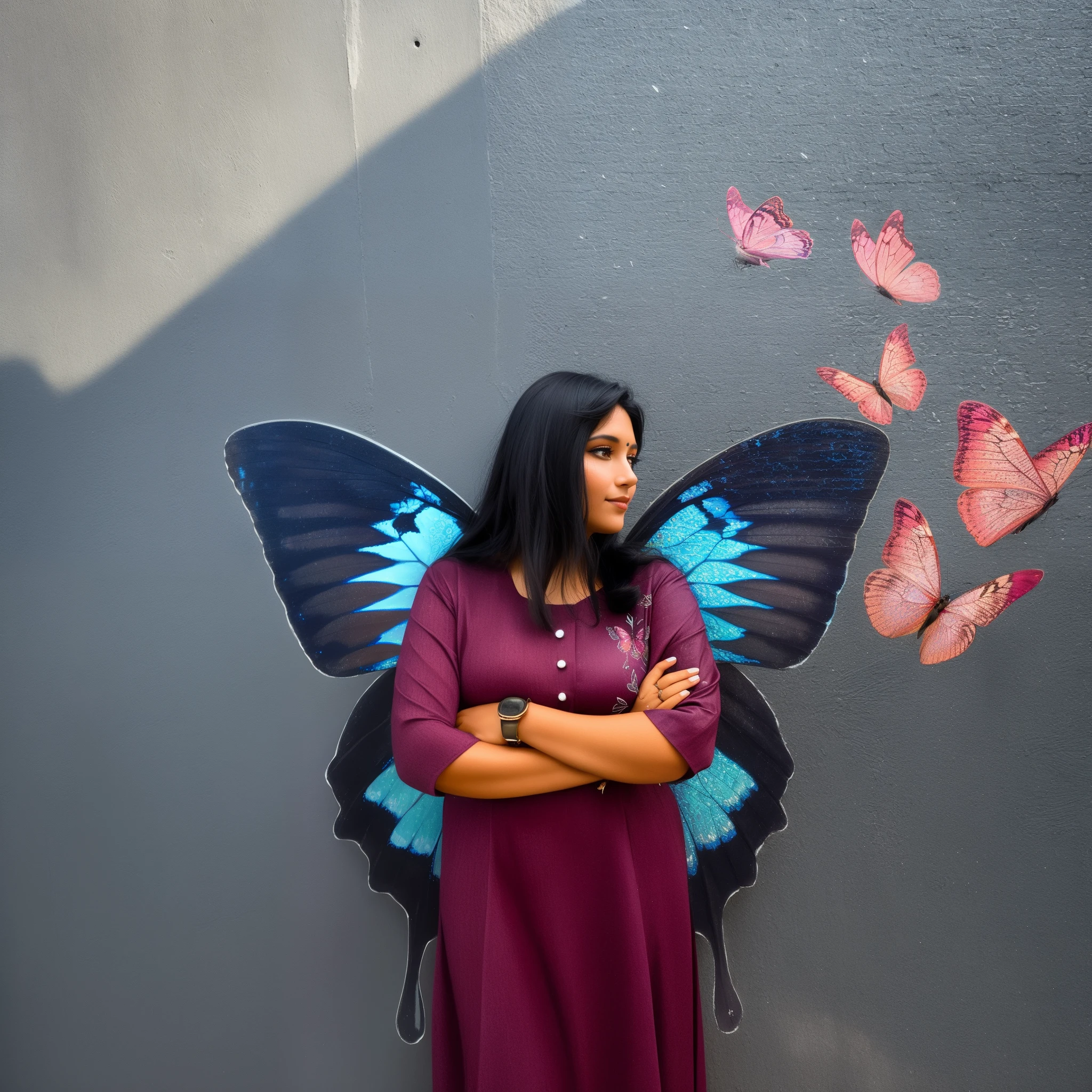 woman standing in front of a wall with a butterfly painted on it, with beautiful wings, devi wings, full body photogenic shot, female lord of change, with wings, with real wings, by Max Dauthendey, spreading her wings, harmony of butterfly, purple leather wings, butterfly wings, full body portrait shot, ethereal wings, full body photograph, moth inspired dress