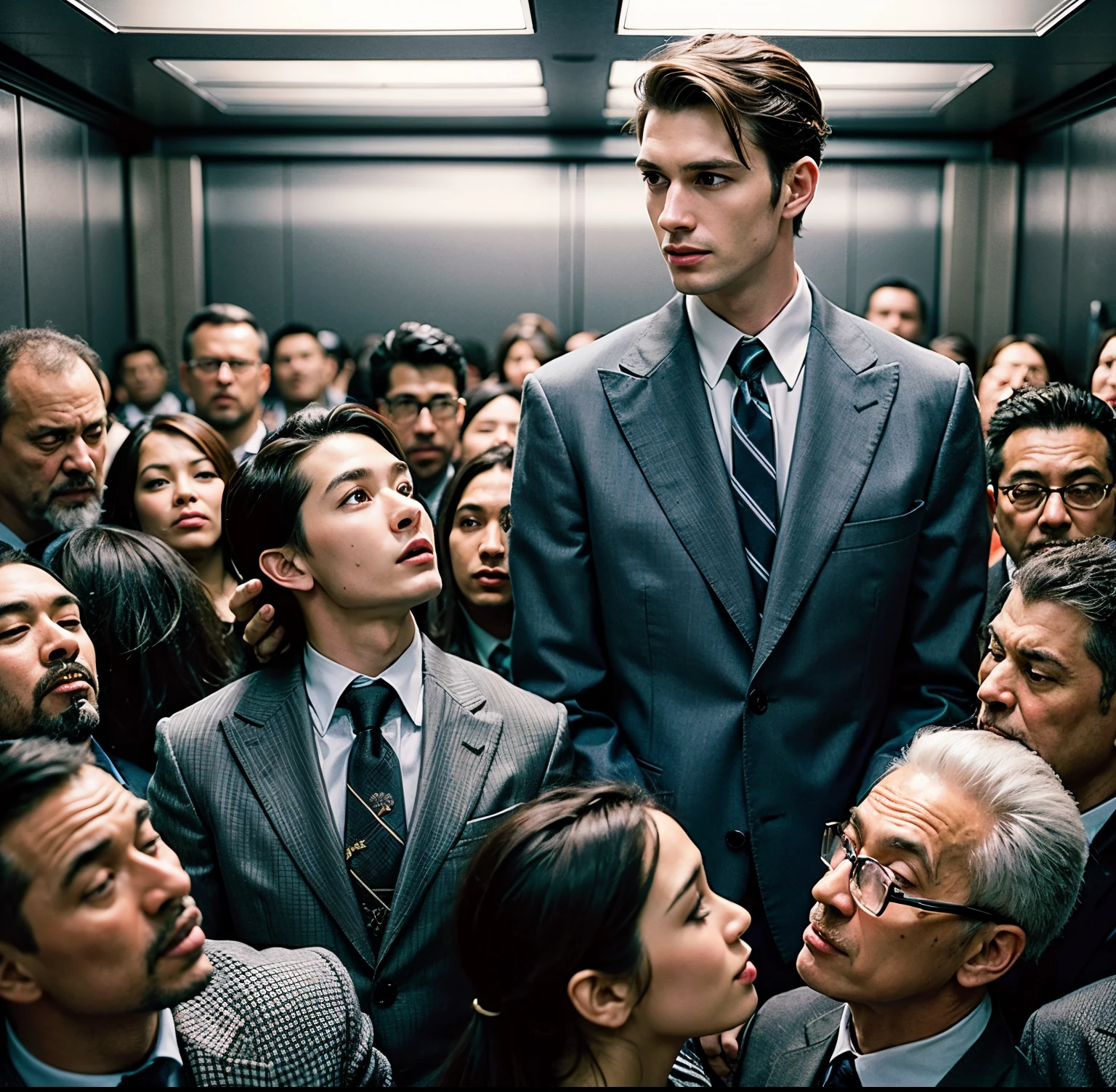 Incredible tall man with elegant suit, much shorter man with suit, a crowded elevator