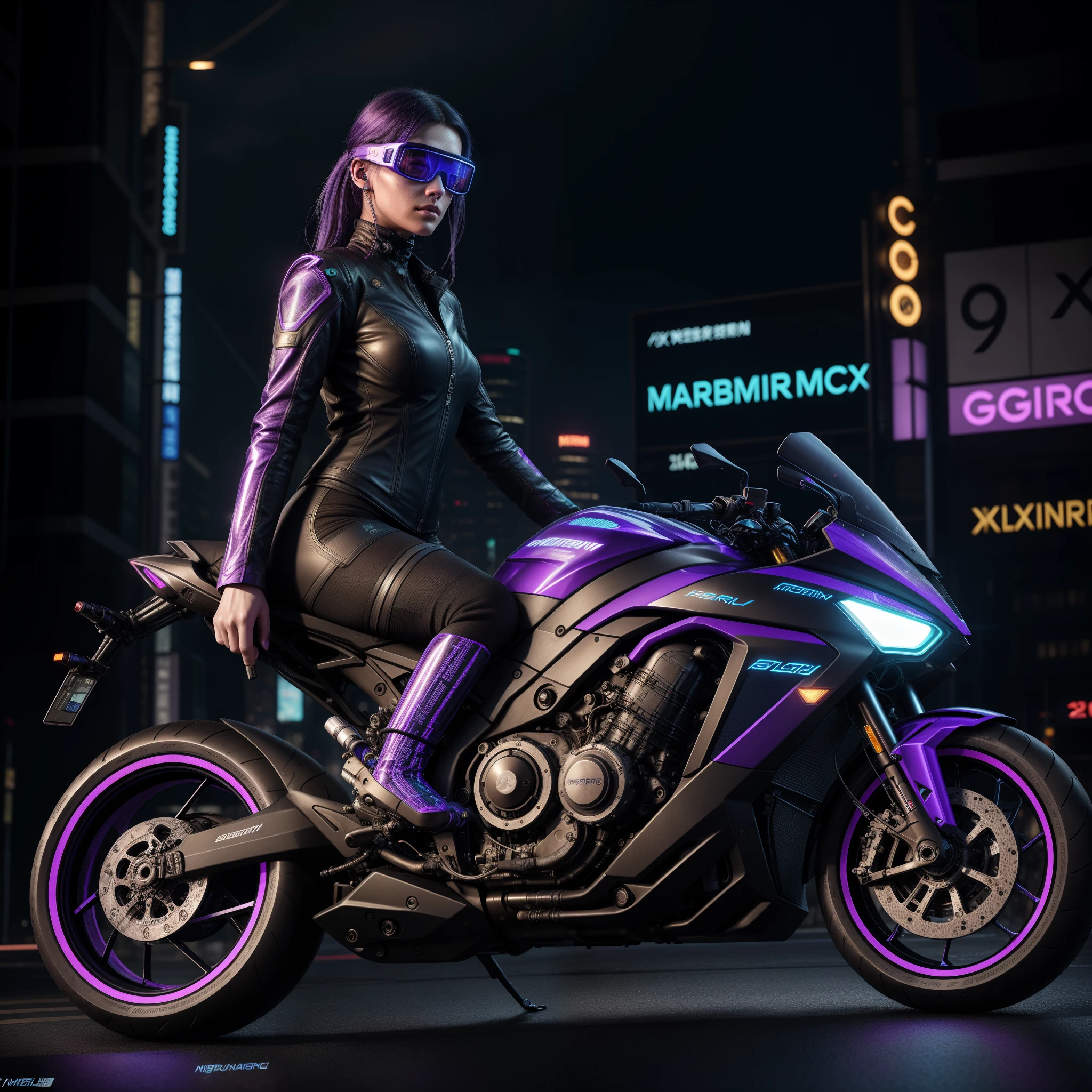 cyberpunk girl on a cyberpunk concept motorcycle,(best quality,4k,8k,highres,masterpiece:1.2),ultra-detailed,(realistic,photorealistic,photo-realistic:1.37),HDR,UHD,studio lighting,ultra-fine painting,sharp focus,physically-based rendering,extreme detail description,professional,vivid colors,bokeh,portraits,horror,concept artists,edgy,neon colors,sleek design,reflective surfaces,wiry cybernetic prosthetics,futuristic cityscape,synthetic leather jacket,
blue and purple color scheme,high-tech goggles with augmented reality display,gritty atmosphere,urban decay,fast-paced motion,nighttime setting,exaggerated perspective,smoke and steam effects,city lights reflecting on wet pavement,heavy rain,heavy traffic,billboards and holographic advertisements illuminating the streets,glowing neon signs,speed lines,hovering drones,cybernetic enhancements,advanced technology,electric sparks,futuristic skyscrapers,polluted skyline,interconnected wires and cables,blurred motion of passing vehicles,expressive facial expression,confident posture,graffiti and street art,mysterious aura.