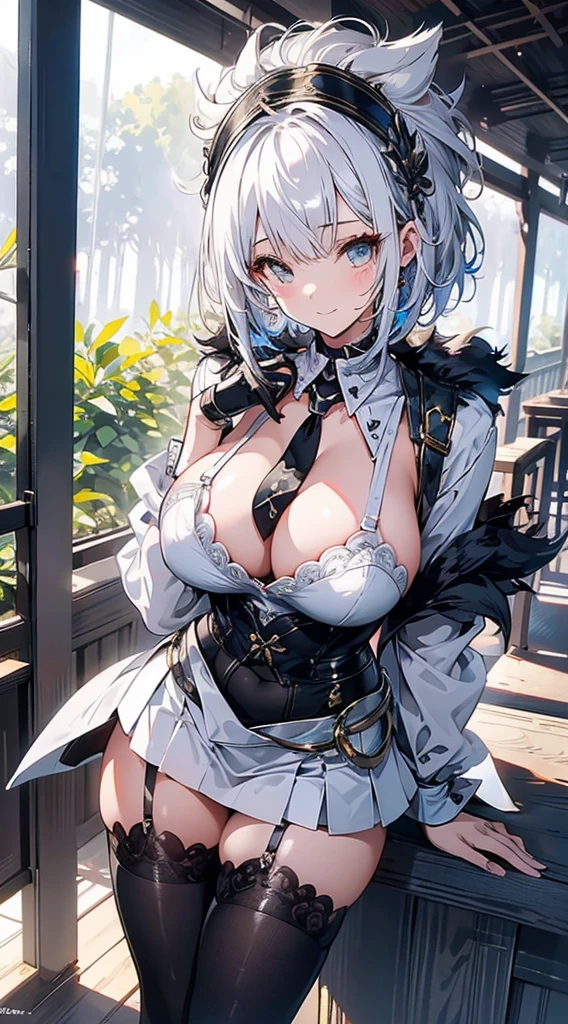 anime illustrated、Moe、white hair、curlyhair、short-hair、Blue Mesh、Gray owl feathers from the waist、forest wood deck、a beauty girl、White jacket、Golden Eyes、thick thight、Black headband、Model body type、Cuffs、Black knee socks、Black bodysuit、Purple tie、Green Jewelry、a black skirt、Archaic Smile、超A high resolution、Close-up of people、Plump body、Colossal tits、Erotic costumes、Expose nipple