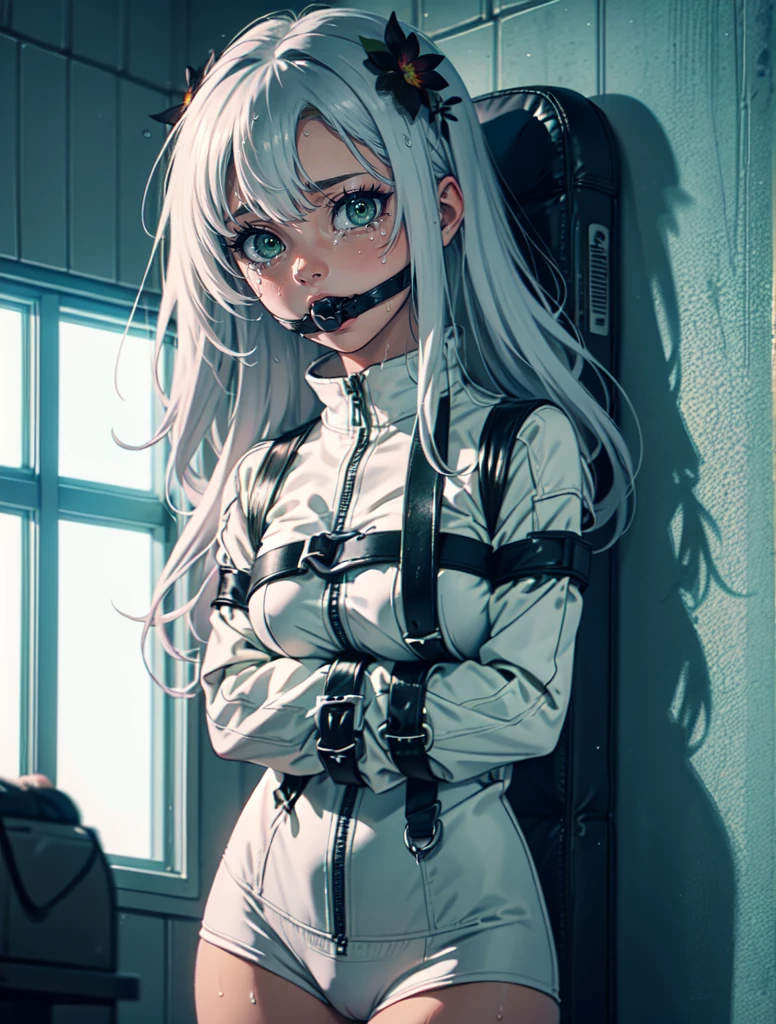 Ultra High Definition,
Ultra High Quality,
Hyper Definition,
Hyper Quality,
Hyper Detailed,
Extremely Detailed,
Perfectly Detailed,
8k,
1 Anime Female,
Long Silver Hair,
Wearing Straitjacket, 
Wet Green  Eyes, 
Crying, White Flower Barrette
Ball Gag Mouth, Bound in Straitjacket
Asylum Cell Background