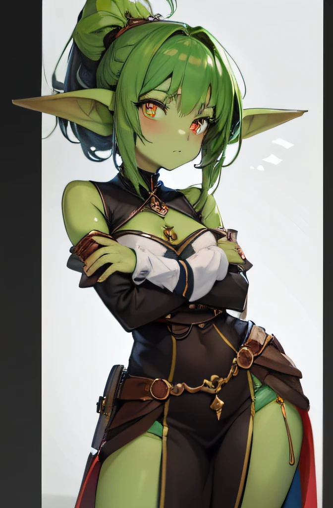 An adorable goblin girl with bright green skin and green ombre hair, that transitions from dark to light green. She has striking red eyes and her skin tone is a beautiful shade of green. She is dressed as both an adventurer and a trader, reflects their diverse skills and interests. Ihr halbhoher Pferdeschwanz verleiht ihrem Aussehen einen Hauch von Niedlichkeit. The artwork should be of high quality and considered a masterpiece, It shows exceptional craftsmanship and detail.