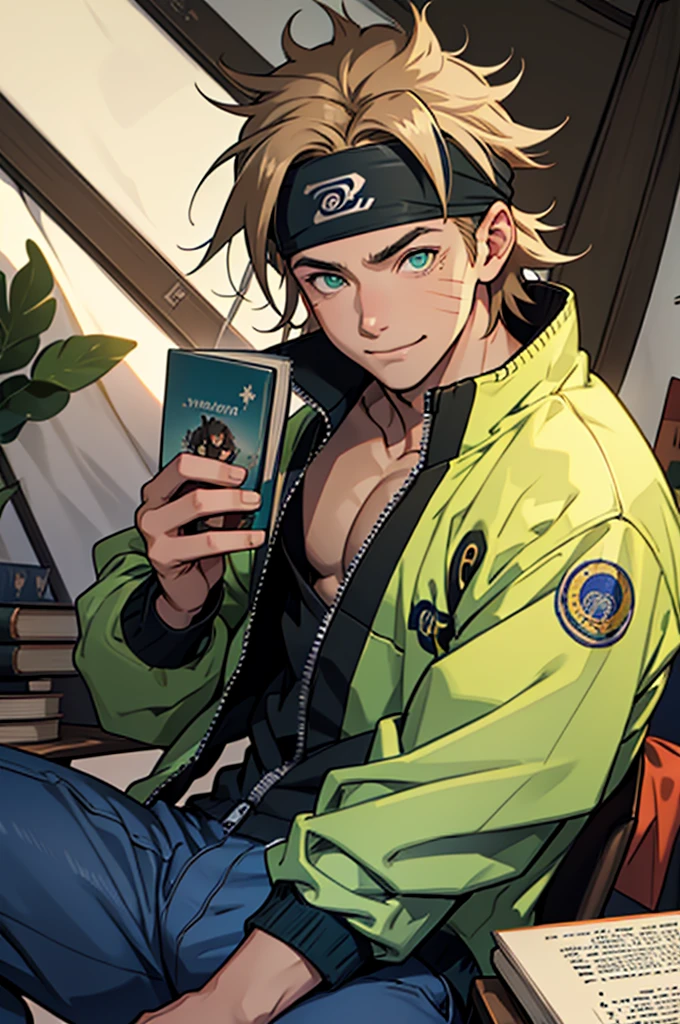 A European looking guy with messy straight brown hair, named Ryo, Handsomer, High quality picture, With Naruto blue headband With japanese symbol, wearing cool jacket,4K, comfy inside a tech savy tent, both eyes clear, looking happy, not too masculin, wearing long pants, green eyes, relaxing, not posing, reafing book