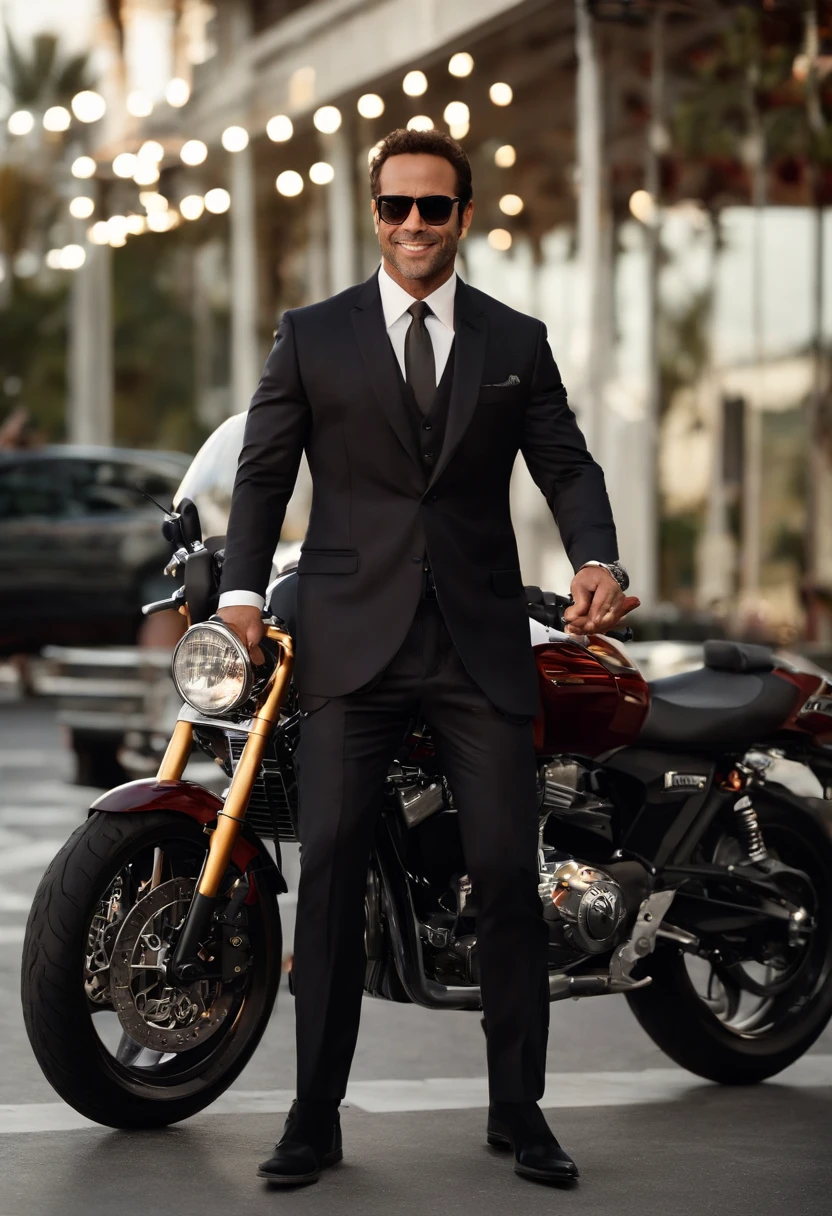 Ari is standing in front of a high-end, custom-built motorcycle, revving the engine with a devilish grin.,Entourage,Ari Gold, the fictional talent agent from “Entourage,” is known for his sharp, polished appearance, often seen in designer suits that complement his fast-paced, high-powered lifestyle in Hollywood. He has a confident, assertive demeanor, characterized by his brisk walk and intense, focused expressions. , male
