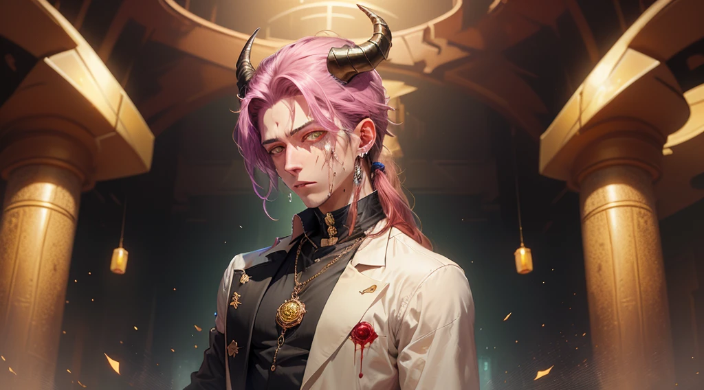 a humanoid boy with horns to Halos above their head one looking pitch black and that is floating above their head that is melting and one that is sort of floating that is up against that with the warns and horns that is a rose gold with blood colored gems in it as he sees me wearing black gloves with red ruins that looks almost like they were painted in blood wearing a red dress shirt that is buttoned up a black long the button-up vest as he sees the boy with pitch white skin rainbow eyes sharp almost like Stone teeth claws that are covered in blood on the ends of their fingers that are Pitch Black a very oval face with a long hair undercut flip to one side that is purple and pink wearing a rose gold with ruins in Emerald and diamonds and rubies around my neck gold chains that are floating in the air attached to my arms and your Rainbow glowing ruins that look like they were scratched into my skin with Souls surrounding him was there clawed hands around his neck in anime style
