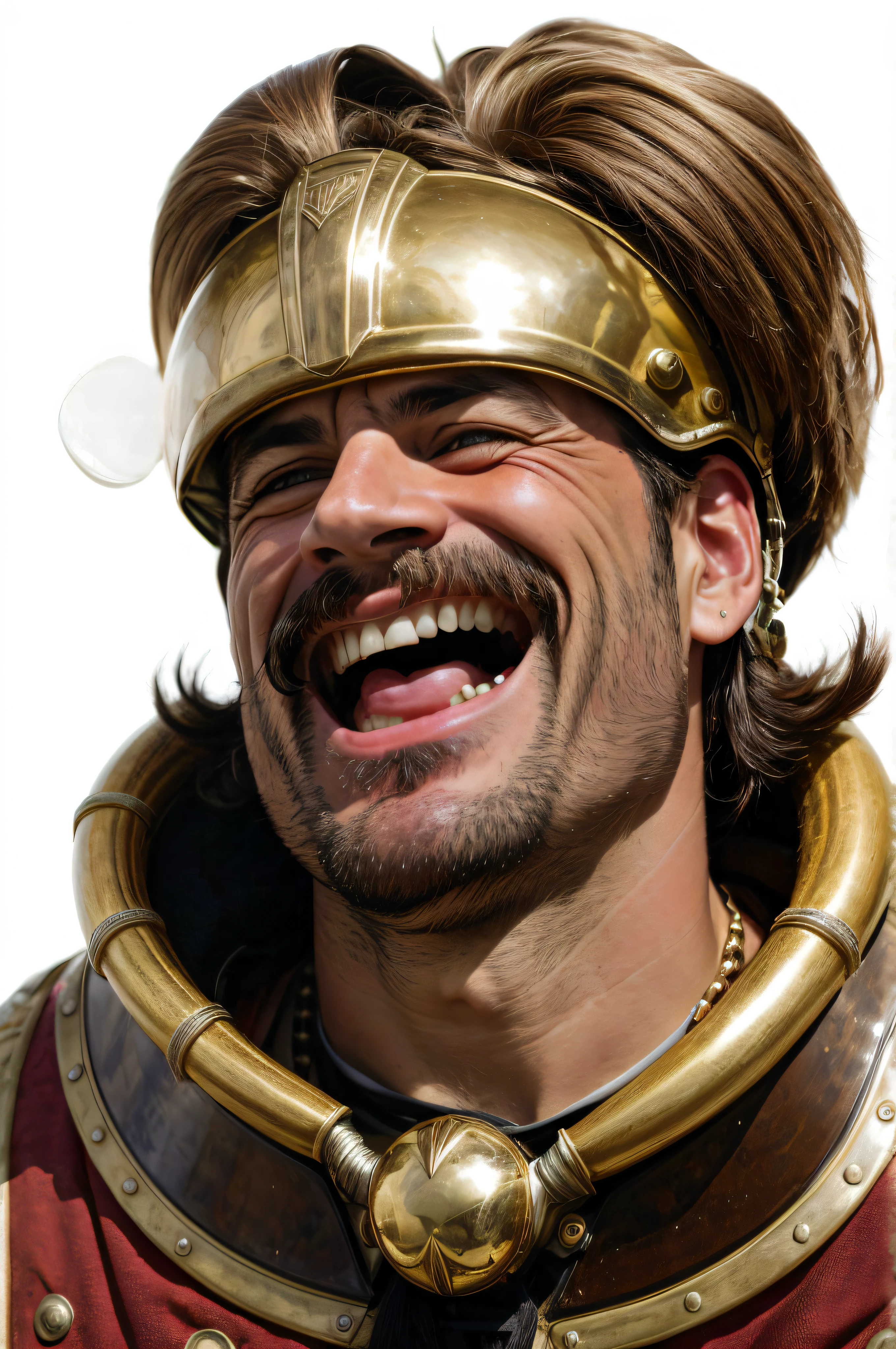 laughing gallic, strong laughing, laughing out loud, thick brown moustache, simple metallic gallic helmet covering hairs, portrait from below, strong jaw, dark backgroound, looking at the viewer