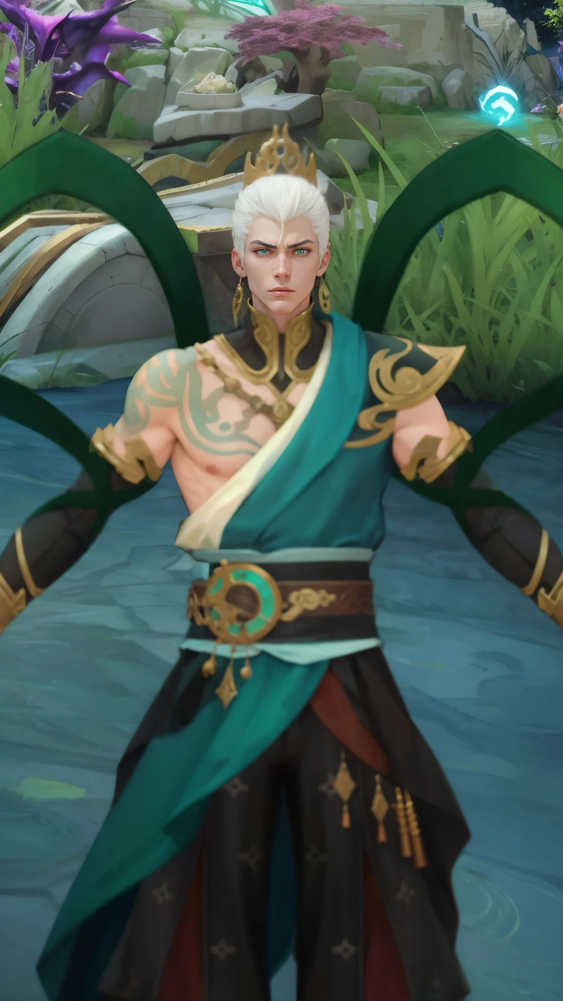 Anime villain, realistic, 1 boy, cool, heandsome, 8k quality, white hair,green eyes