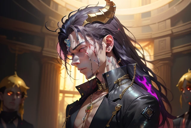 a humanoid boy with horns to Halos above their head one looking pitch black and that is floating above their head that is melting and one that is sort of floating that is up against that with the warns and horns that is a rose gold with blood colored gems in it as he sees me wearing black gloves with red ruins that looks almost like they were painted in blood wearing a red dress shirt that is buttoned up a black long the button-up vest as he sees the boy with pitch white skin rainbow eyes sharp almost like Stone teeth claws that are covered in blood on the ends of their fingers that are Pitch Black a very oval face with a long hair undercut flip to one side that is purple and pink wearing a rose gold with ruins in Emerald and diamonds and rubies around my neck gold chains that are floating in the air attached to my arms and your Rainbow glowing ruins that look like they were scratched into my skin with Souls surrounding him was there clawed hands around his neck in anime style
