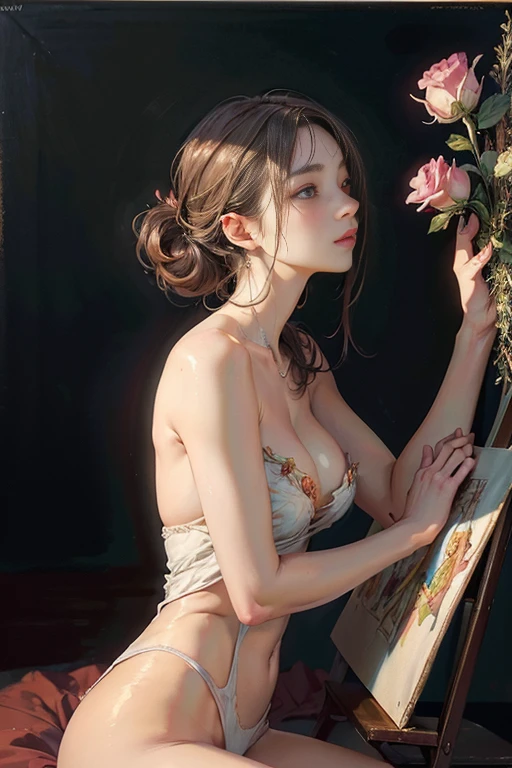 painting,roses,beautiful detailed body,delicate skin tones,soft lighting,romantic atmosphere,evocative,passion,realistic,subtle brushstrokes,impressionistic background,implied sensuality,classic art style,vibrant colors,graceful poses,elegance,long stem roses,painting on canvas,studio lighting,intimate setting,artistic composition,implied story,professional artwork,natural beauty,feminine allure,subdued color palette,seductive,artistic expression,harmonious,sublime,artistic masterpiece,dazzling,painterly,exquisite details,figurative,visual poetry,ethereal