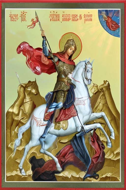 /imagine prompt: In the center of the image, Saint George, depicted as a powerful and determined figure, is mounted on a majestic horse. With a spear in hand, he fearlessly slays a small dragon that lays at the horse's feet. The horse rears up, emphasizing the intensity of the battle. A vibrant red cloak gracefully flows behind George's back, adding a sense of drama and movement. This scene is set against a serene and heavenly background, with hints of celestial light filtering through the clouds. The orthodox icon style is skillfully infused with intricate details and rich symbolism, creating a powerful spiritual composition that captivates the viewer. --v 5.1 --ar 1:1