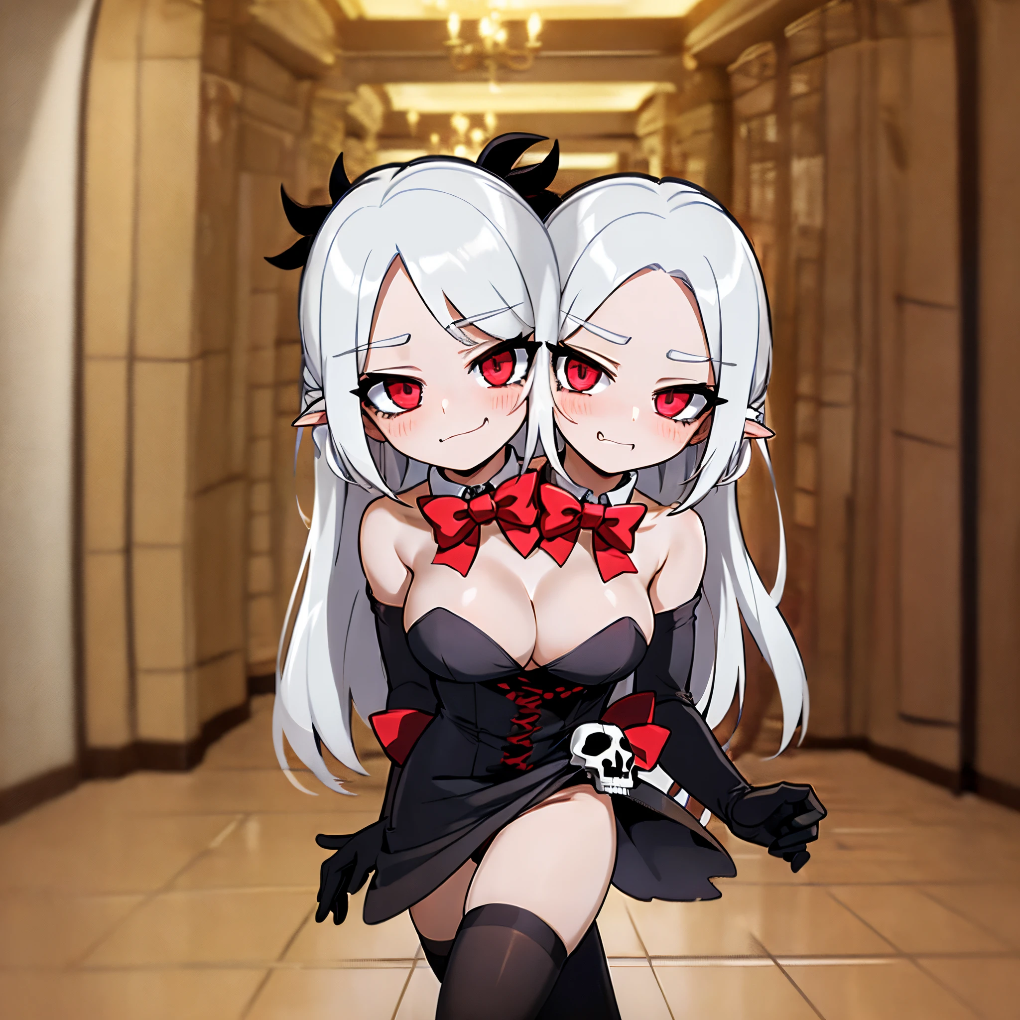 (3heads:1.6), 1girl, white hair, smug, bratty, red eyes, short, small boobs, (black dress), black shoes with red ribbon, black gloves, skull pin in hair, tie, red bow in hair, different expressions, looking at viewer, smug, bratty, walking, hallway, long hair