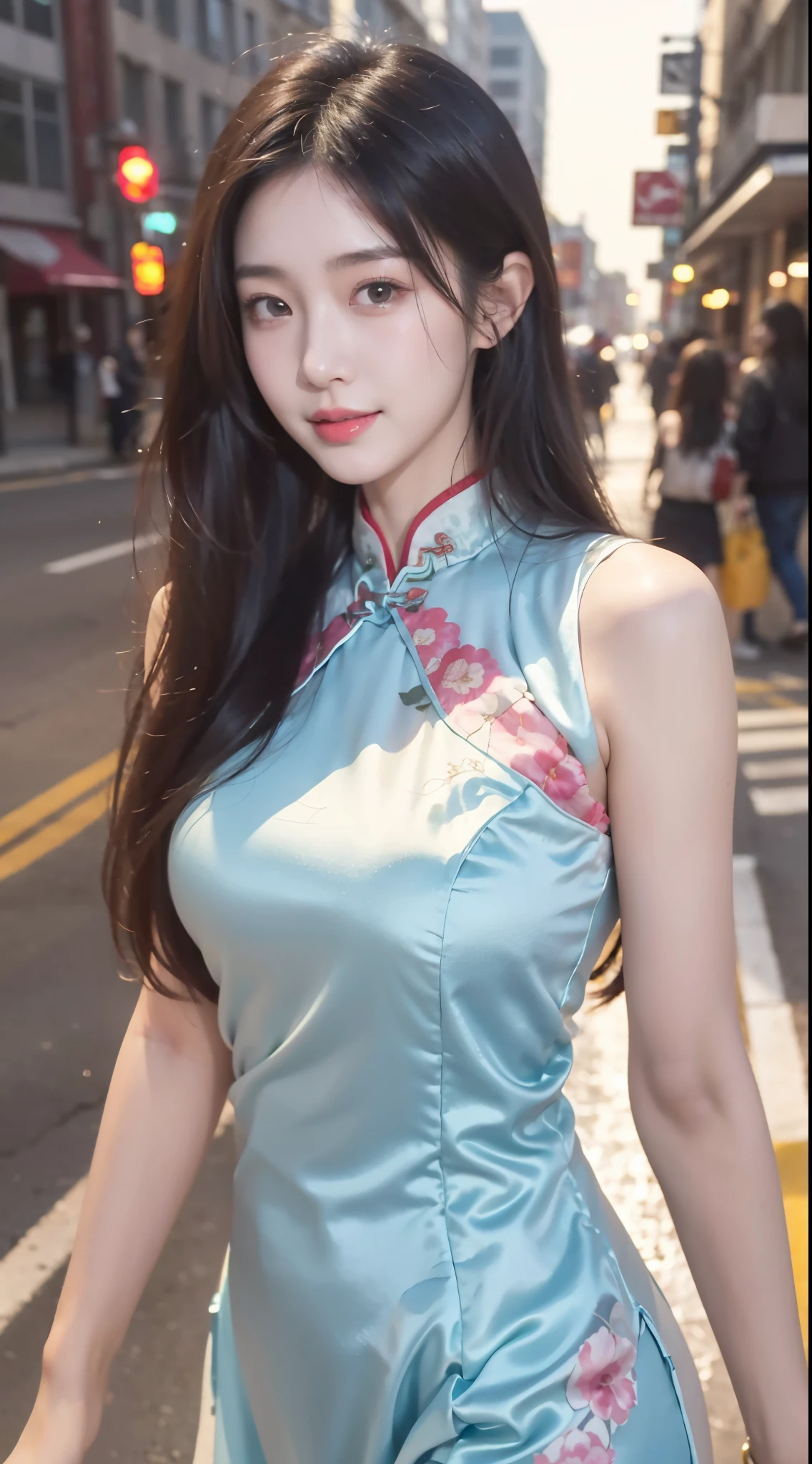 8K, table top, Raw photo, highest quality, realistic, Highly detailed CG Unity 8K wallpaper, Depth of the bounds written, cinematic light, Lens flare, ray tracing, (very beautiful face, beautiful lips, beautiful eyes), face with intricate details, ((highly detailed skin)) 1 girl, in the dark, deep shadow, cute korean girl, K-POPアイドル, 1 girl, (very slim and slender fit muscular body:1.3), ((looking at the viewer)),(big smile:1.3), (fashion city night, dark night, (neon sign), (blurred background), fashion street night),(no people in the background:1.3), beautiful earrings, bracelet, pantyhose, clear eyes, walk, (pale skin), (Big eyes), look forward, (brown hair), (full body shot), ((silk cheongsam dress:1.3)), ((tight fit dress)), , (looking at the viewer:1.3) open chest, very slim, Huge , go back, (buckshot), focusing, front of eyebrows,(tight dress), thick thighs,beautiful ponytail