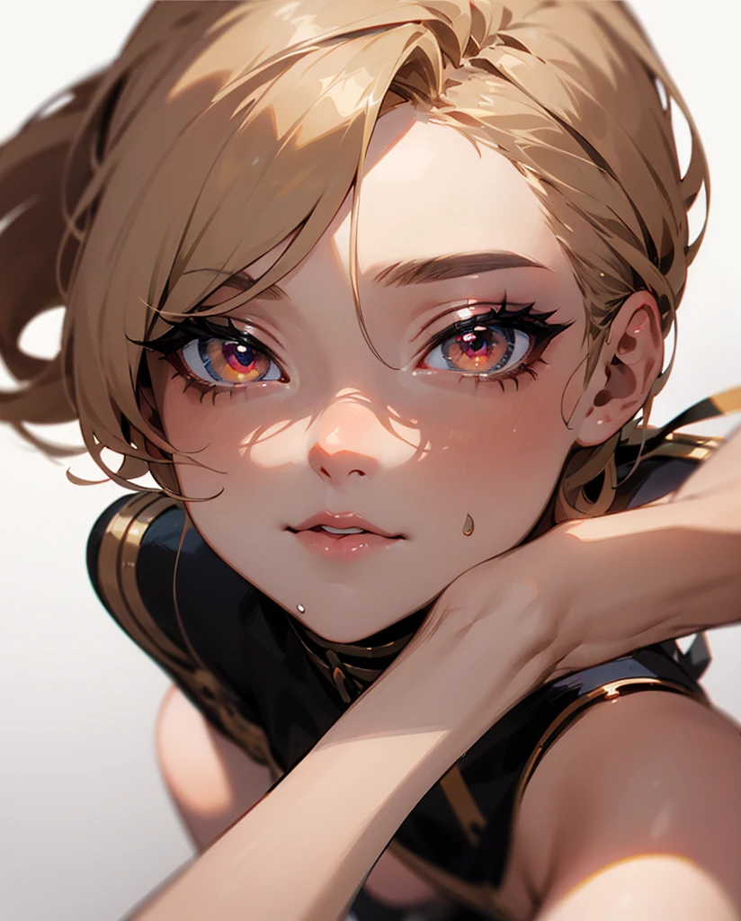 1girl,solo,super detailed skin,shiny skin,oily skin,natural smile ,eyelashes,lips gloss,blue eyes,half open eyes,blonde hair,one side bangs pinned back,a side braid,large breasts,(black bodysuit:1.1),ninja costume ,chanting magic,simple background,masterpiece,best quality,ultra detailed,high resolution,sharp focus