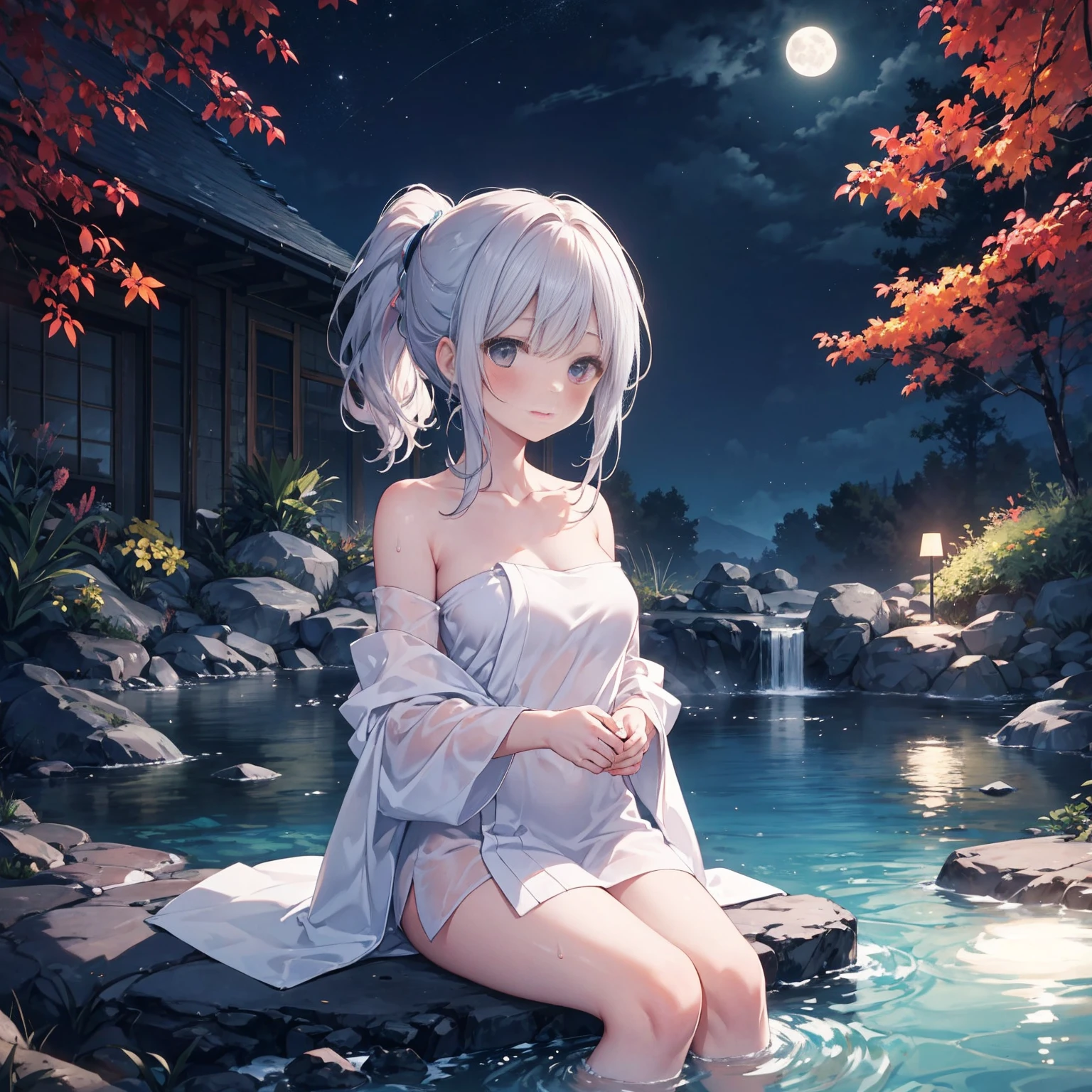 cute face,(See through,shrine maiden :1.1),super thin fabric,no bra,open shirts,Moonlit,shrine maiden,areola,forest,dynamic angle,Waterfall Training,wet,legs apart,no panties,sitting