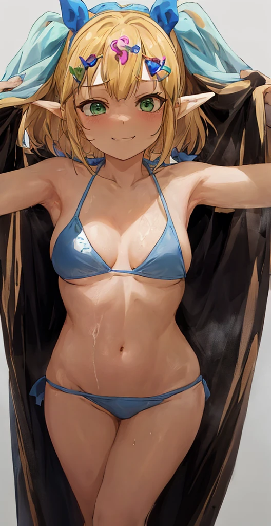 princess zelda, anime girl in a bikini forming a a heart with her hands and arms, short haircut style, blonde, green eyes, pointy ears, blue realistic bikini, small curvy loli, seductive anime girl,  calm smile, swimsuit, bathing suit, black knee high socks, putting her arms on her breasts, by Kentaro Miura, blue bikini, attire: bikini, by Yoshihiko Wada, in bikini, at pixiv, is wearing a swimsuit, in a bikini, cutesexyrobutts, smooth anime cg art, white background