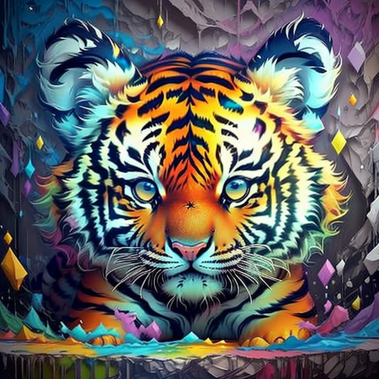 (cute baby tiger),(melhor pose),(best angle), (better expression), Eduardo Kobra acolchoamento ,multidimensional geometric wall PORTRAIT, arte, Chibi,
Yang08k, lindo, Colouring,
Primary works, qualidade superior, melhor qualidade, Arte Oficial, Beautiful and Aesthetic, pelos coloridos,