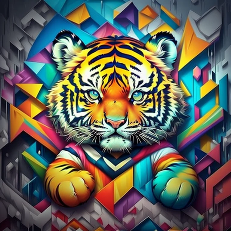 (cute baby tiger),(melhor pose),(best angle), (better expression), Eduardo Kobra acolchoamento ,multidimensional geometric wall PORTRAIT, arte, Chibi,
Yang08k, lindo, Colouring,
Primary works, qualidade superior, melhor qualidade, Arte Oficial, Beautiful and Aesthetic, pelos coloridos,