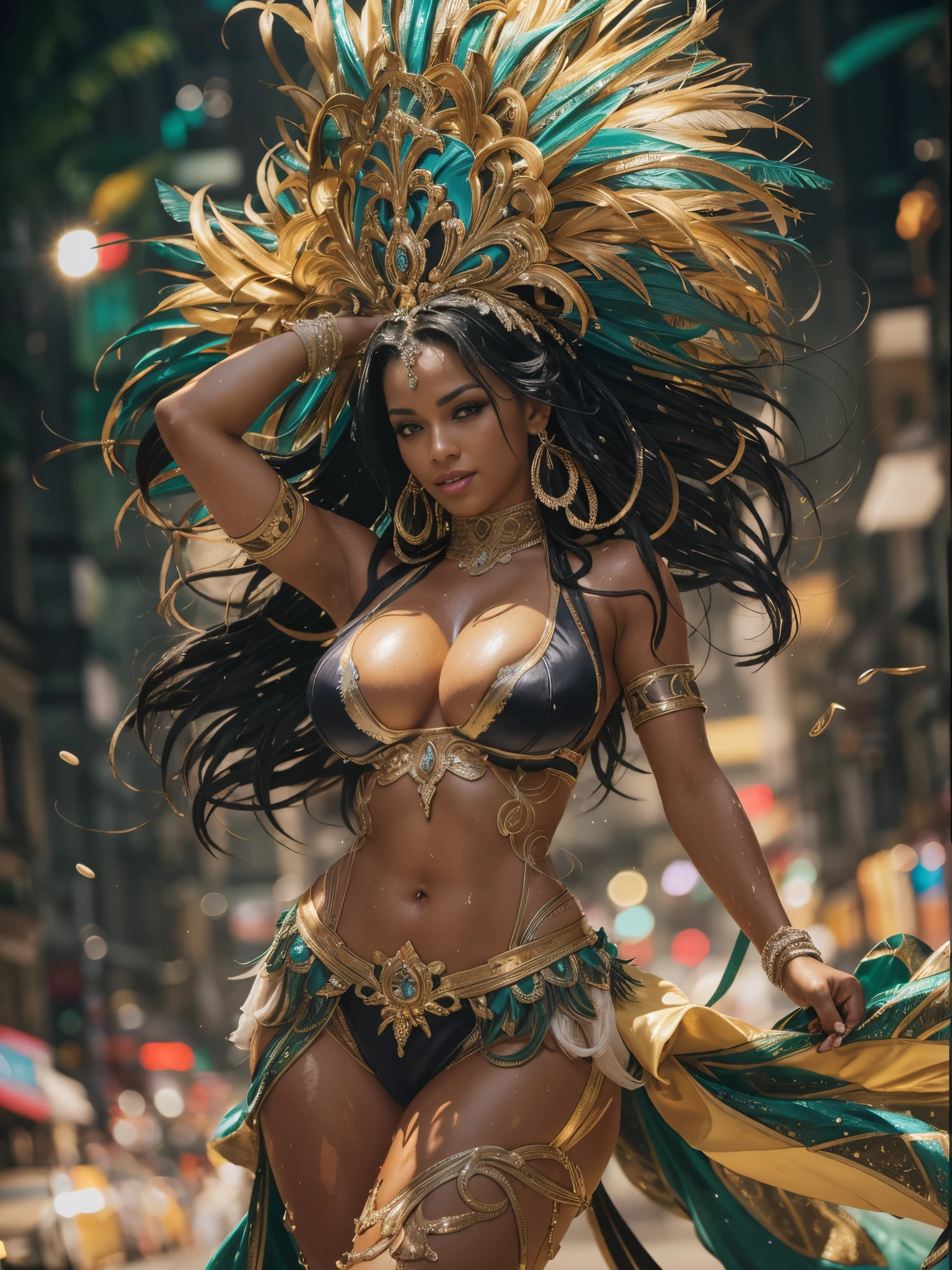 high-res, masterpiece, best quality, ((Hasselblad photography)), sharp focus, (cinematic lighting), soft lighting, dynamic angle, a woman, mature female, (wearing samba dance dress:1.2), carnival, samba dress, finely detailed skin, extra long wavy black hair, highly detailed hair, high heels，huge breasts，large breasts，big boob，Burst breasts，Big breasts，Plump breasts，Expose breasts，bare breasts，Narrow waist，Bare ass，big ass，bare belly，bare navel，wet，wet body，sweating body，shiny skin，pubic hair，intricate details, ((cinematic light)),