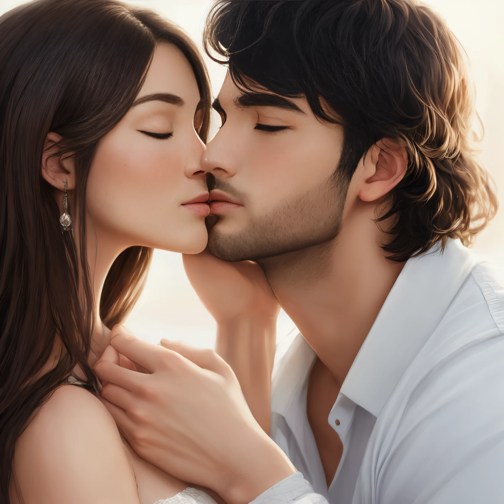 tall and well-built young handsome man with light beard and black hair, young and beautiful young innocent woman with dark brown hair, man stroking her cheek, sad woman's eyes closed and head slightly turned to the side, man looking at her, side view, dim room background, beautiful and sweet couple facing each other, innocent face, white skinned people, realistic digital art.