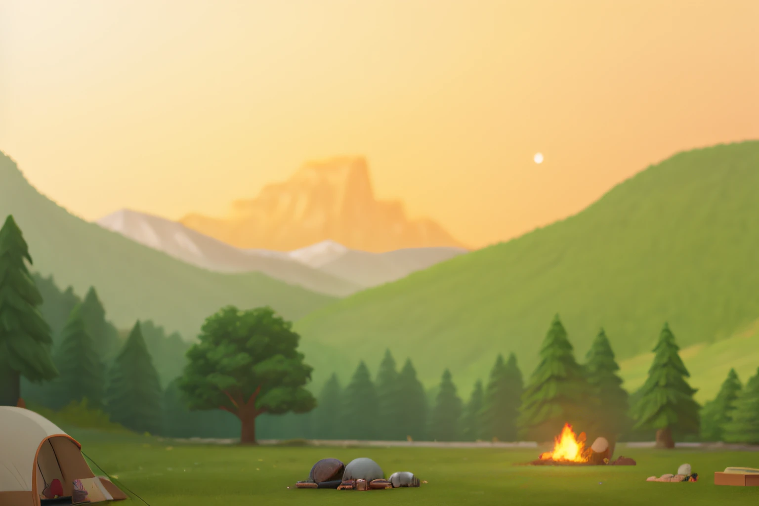 Bonfire in the forest with full moon and mountains in the background, camping, RV (RV) (RV (RV)), daytime background, Bonfire background, background art, daytime landscape background,  Natural scenery, random background scene, outdoor day, background artwork, Sunny day. digital illustration, At the campfire during the day, Outdoor activities during the day, starry sky and day, daytime scenery, sensitivity,RV (RV) (RV (RV))
