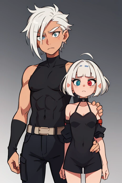 Girl with shoulder-length white hair, Heterochromia, next to her is a guy with black hair