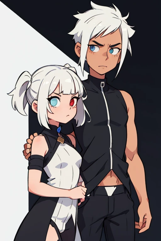 Girl with shoulder-length white hair, Heterochromia, next to her is a guy with black hair