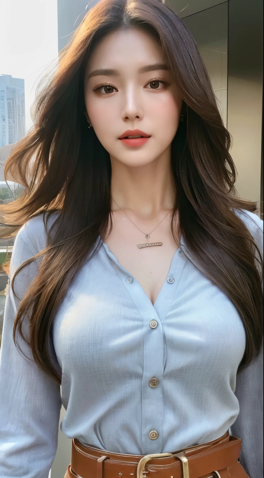 (Best quality, High resolution, Masterpiece :1.3), A tall and pretty woman, Slender abs, Dark brown hair styled in loose waves, Breasts, Wearing pendant, White button up shirt, Belt, Black skirt, (Modern architecture in background), Details exquisitely rendered in the face and skin texture, Detailed eyes, Double eyelid