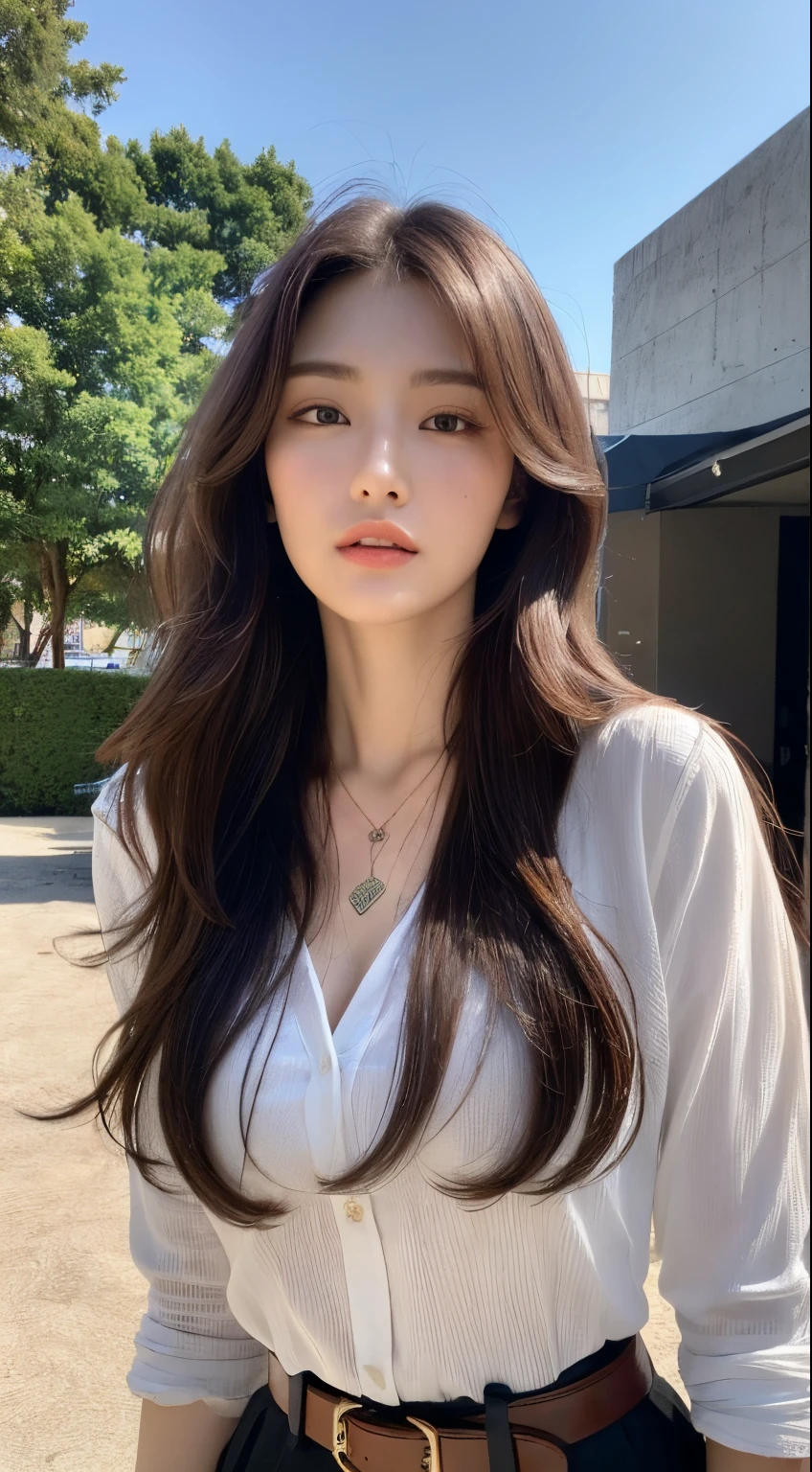(Best quality, High resolution, Masterpiece :1.3), A tall and pretty woman, Slender abs, Dark brown hair styled in loose waves, Breasts, Wearing pendant, White button up shirt, Belt, Black skirt, (Modern architecture in background), Details exquisitely rendered in the face and skin texture, Detailed eyes, Double eyelid