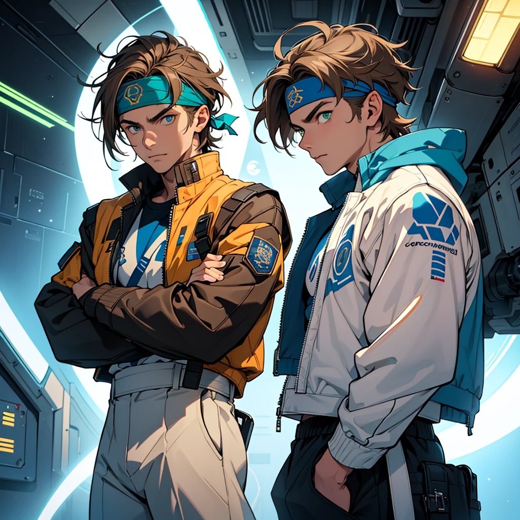 A European looking guy with messy straight brown hair, named Ryo, Handsomer, High quality picture, With blue headband With japanese symbol, wearing cool jacket,4K, inside futuristic spaceship, both eyes clear, looking into space, not too masculin, wearing long pants, green eyes, arms crossed