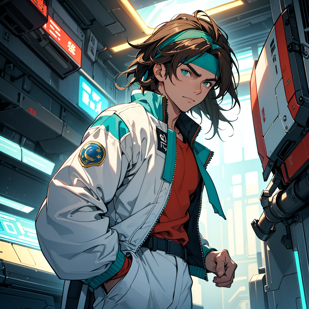 A European looking guy with messy straight brown hair, named Ryo, Handsomer, High quality picture, With blue headband With japanese symbol, wearing cool jacket,4K, inside futuristic spaceship, both eyes clear, looking into space, not too masculin, wearing long pants, green eyes, arms crossed