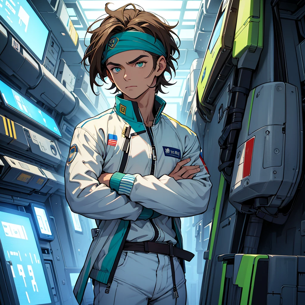 A European looking guy with messy straight brown hair, named Ryo, Handsomer, High quality picture, With blue headband With japanese symbol, wearing cool jacket,4K, inside futuristic spaceship, both eyes clear, looking into space, not too masculin, wearing long pants, green eyes, arms crossed